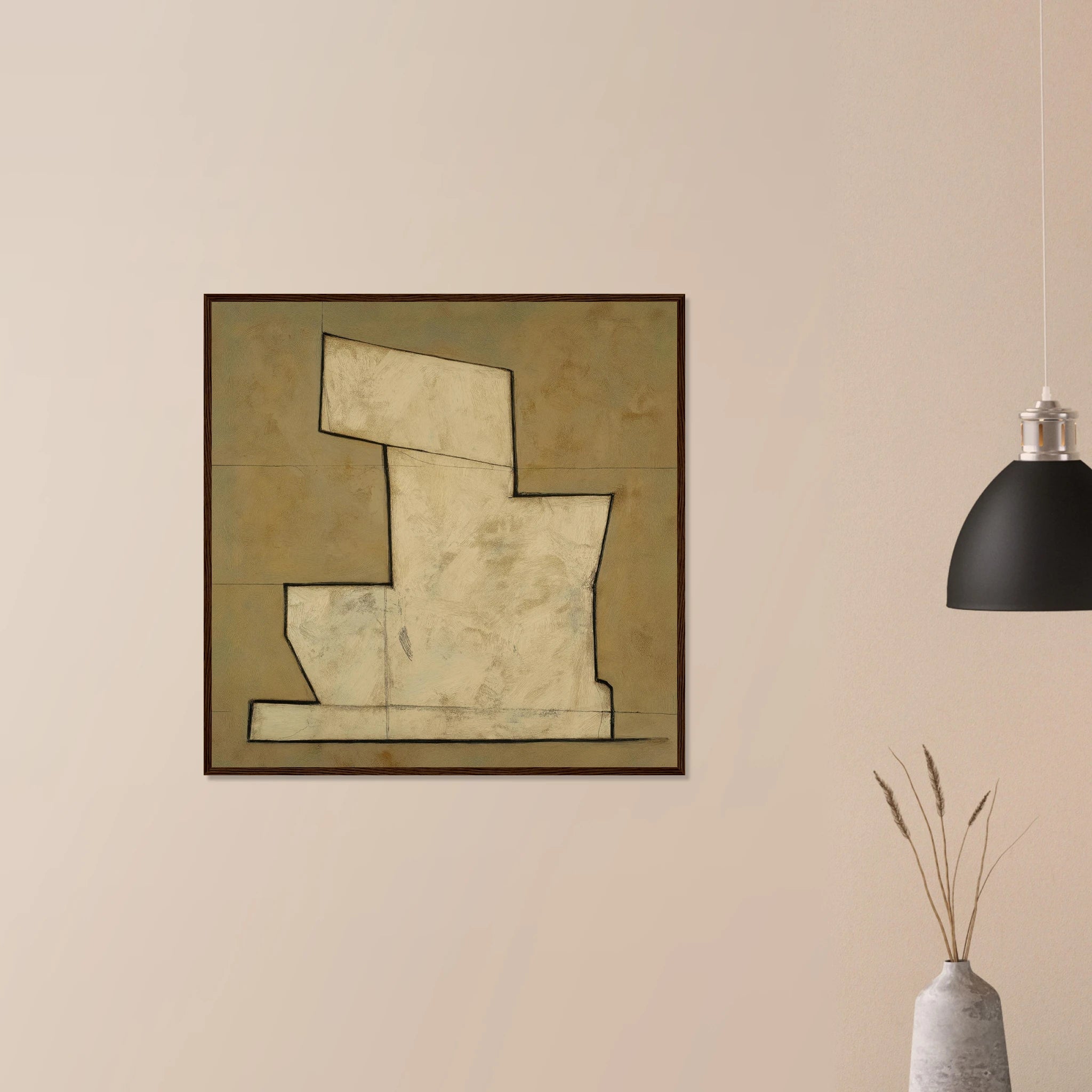 Stepped Form modern wall art in natural wood frame on neutral wall, warm neutral tiered form with minimalist style