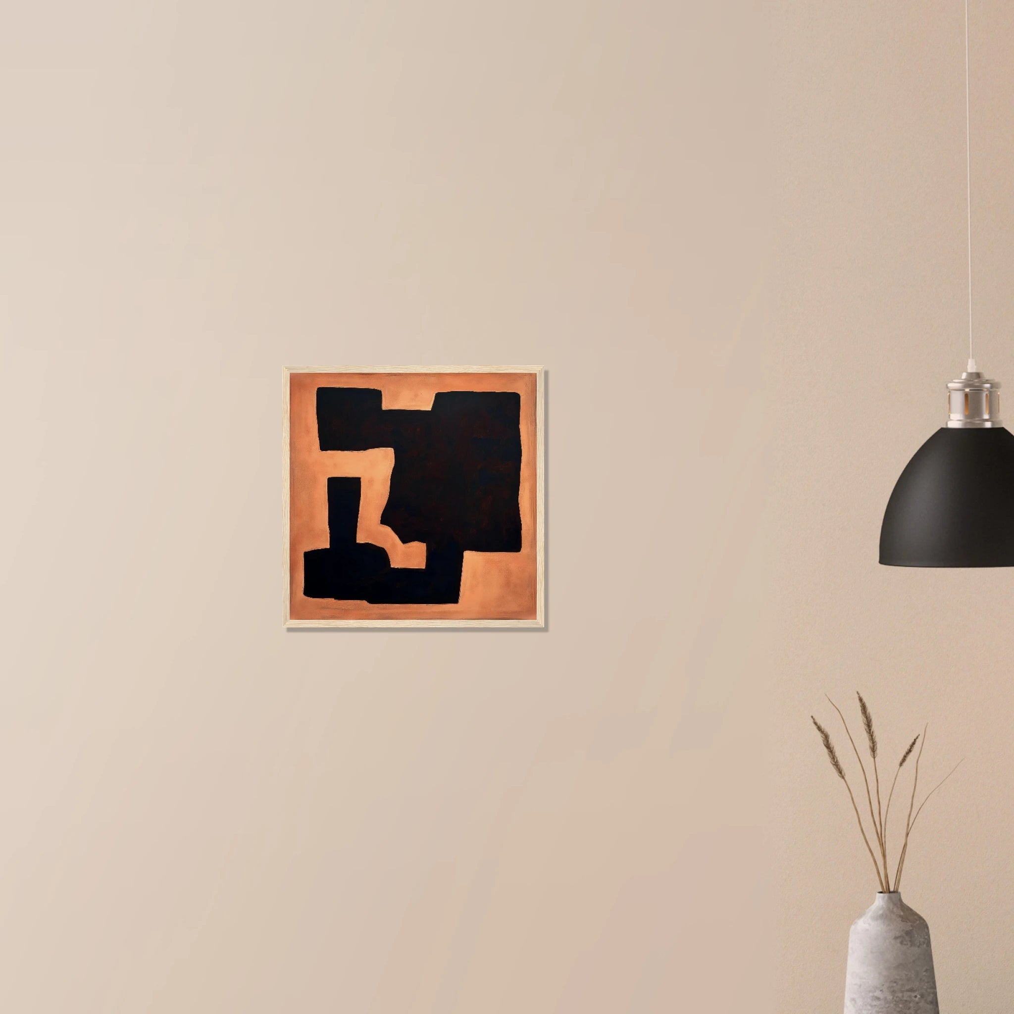 Terracotta Fragment abstract neutral artwork in black frame on neutral wall, earthy terracotta and soft cream palette