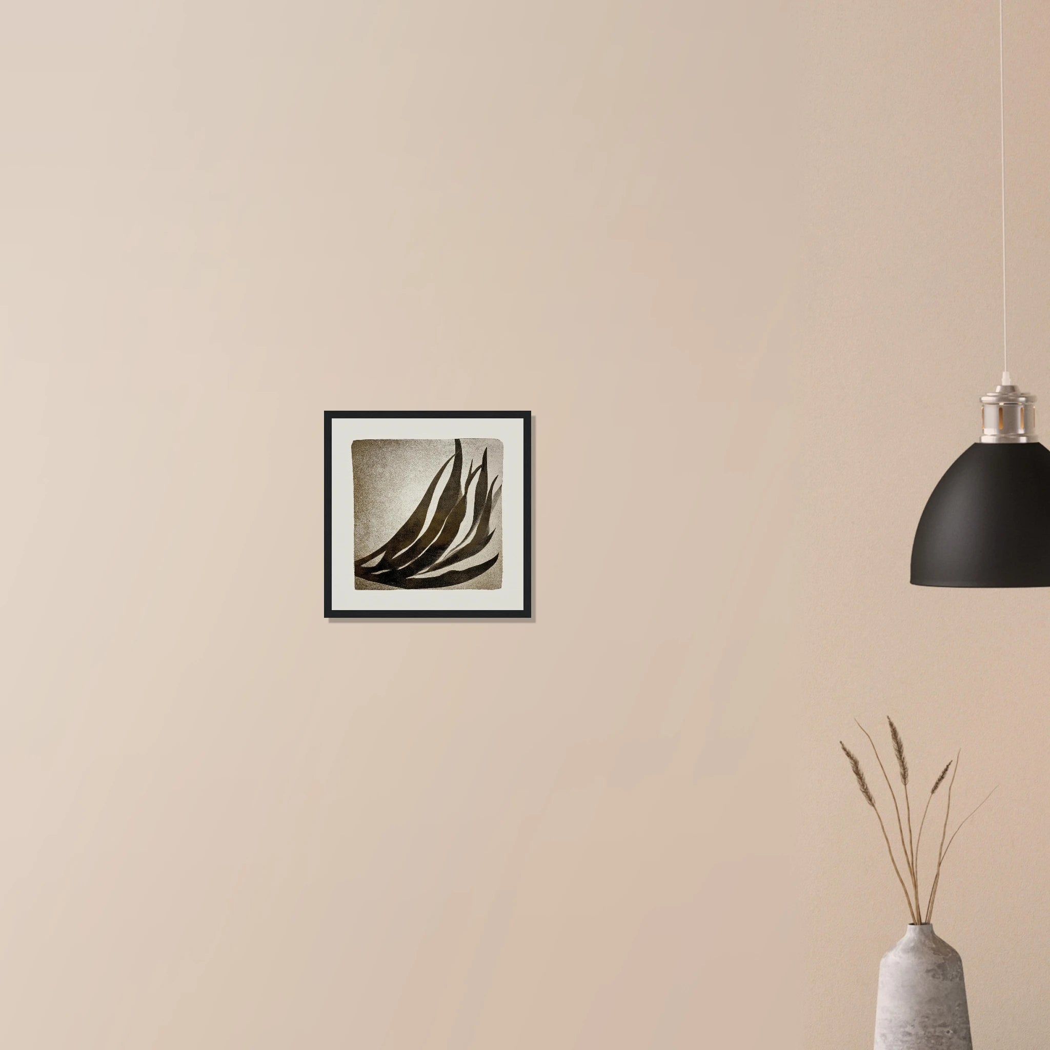 Palm Frond Shadow Study neutral botanical art in white frame on neutral wall, layered palm leaf silhouettes in grey