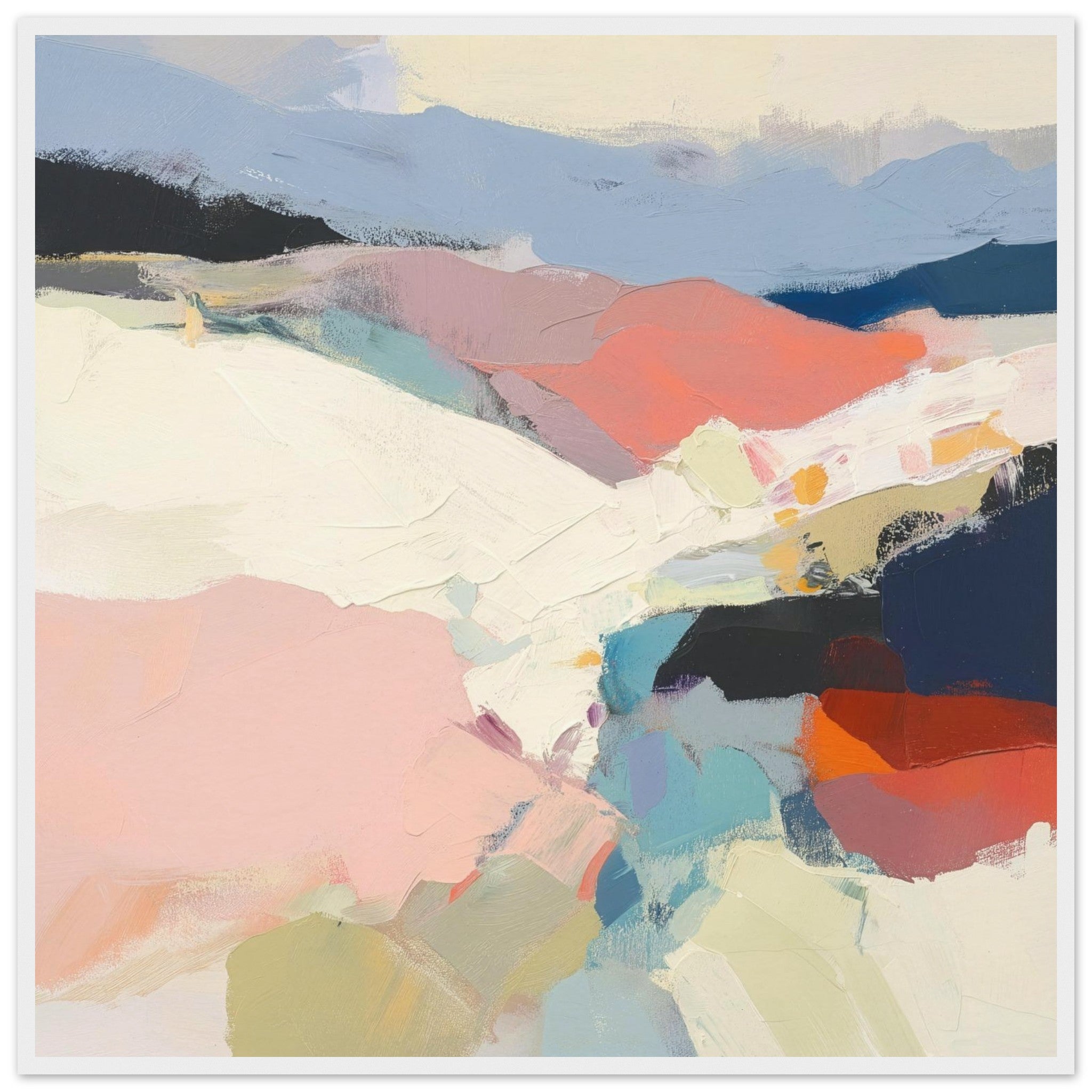 Piedmont atmospheric landscape abstract in blush, coral, slate blue and cream, layered mountain ridges and sweeping white valley plane