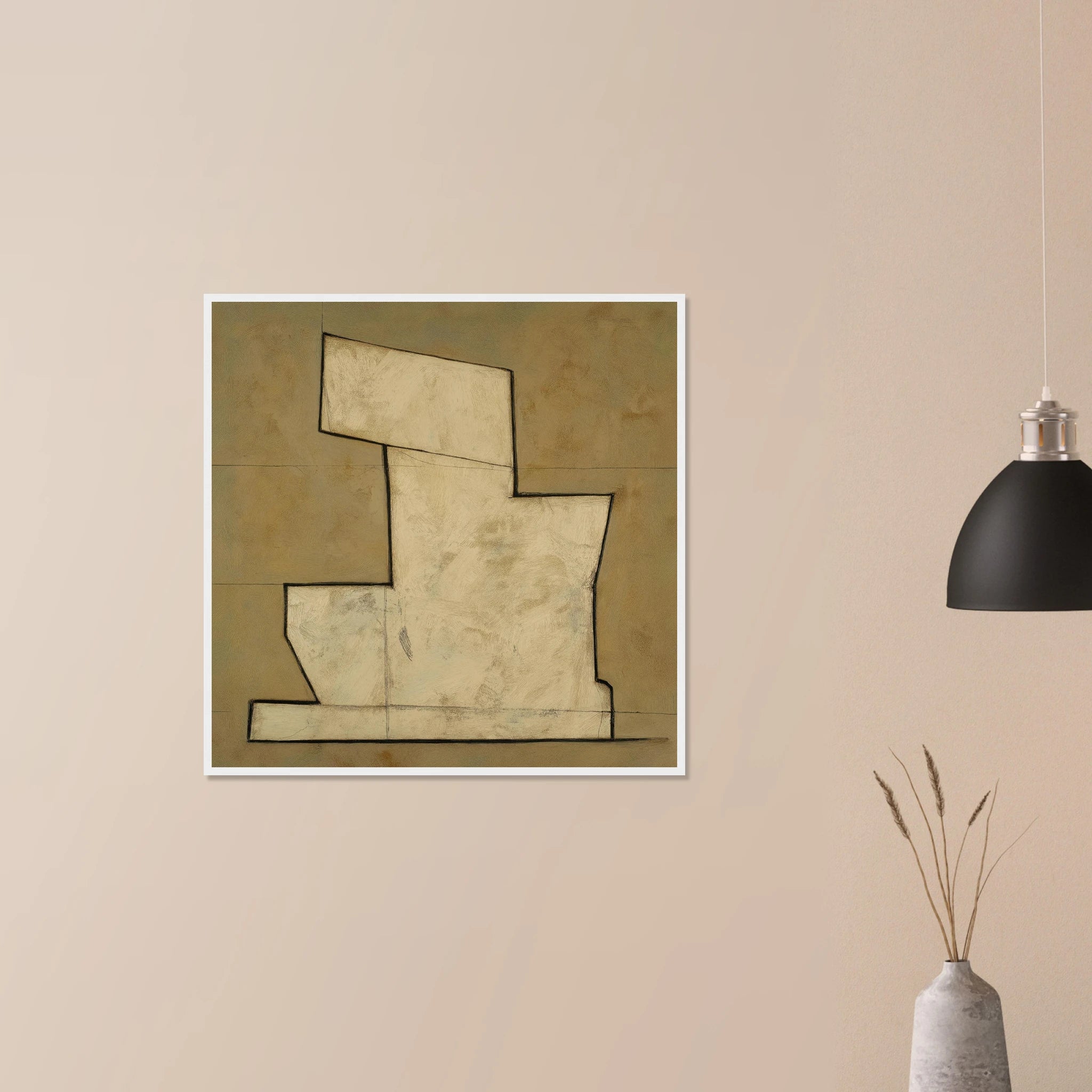 Stepped Form modern tonal artwork in natural wood frame on neutral wall, refined tiered neutral composition