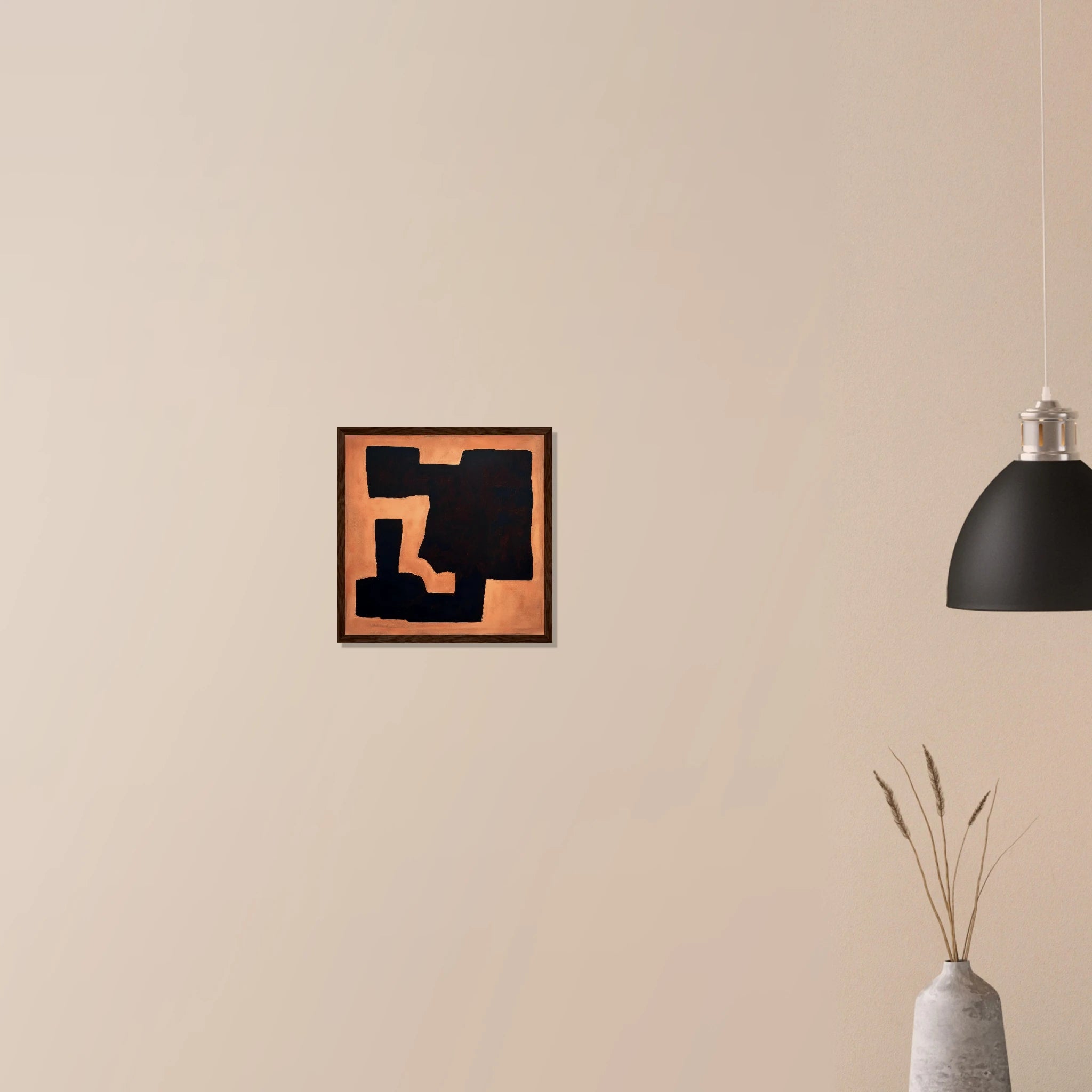 Terracotta Fragment neutral wall art in dark wood frame on neutral wall, textured terracotta and beige composition