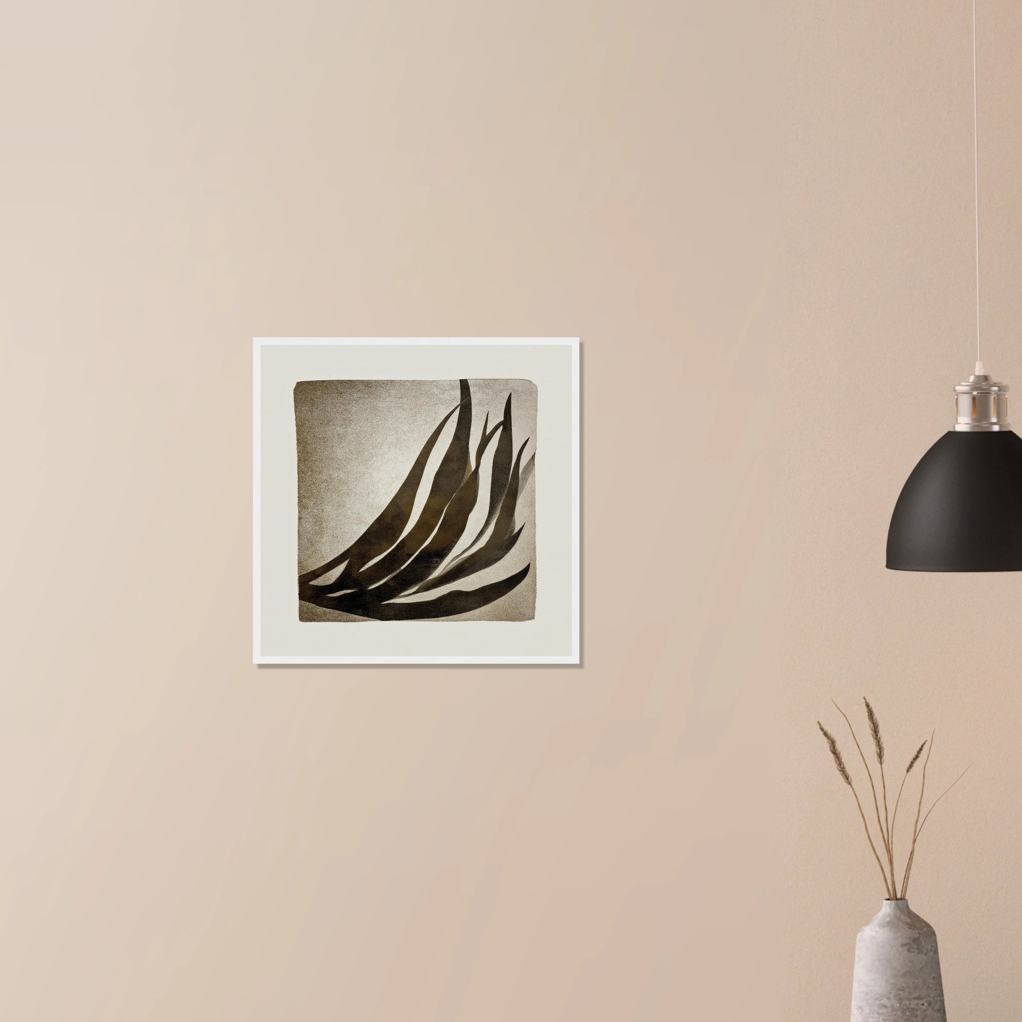 Palm Frond Shadow Study abstract wall decor in dark wood frame on neutral wall, soft sand and charcoal leaf forms
