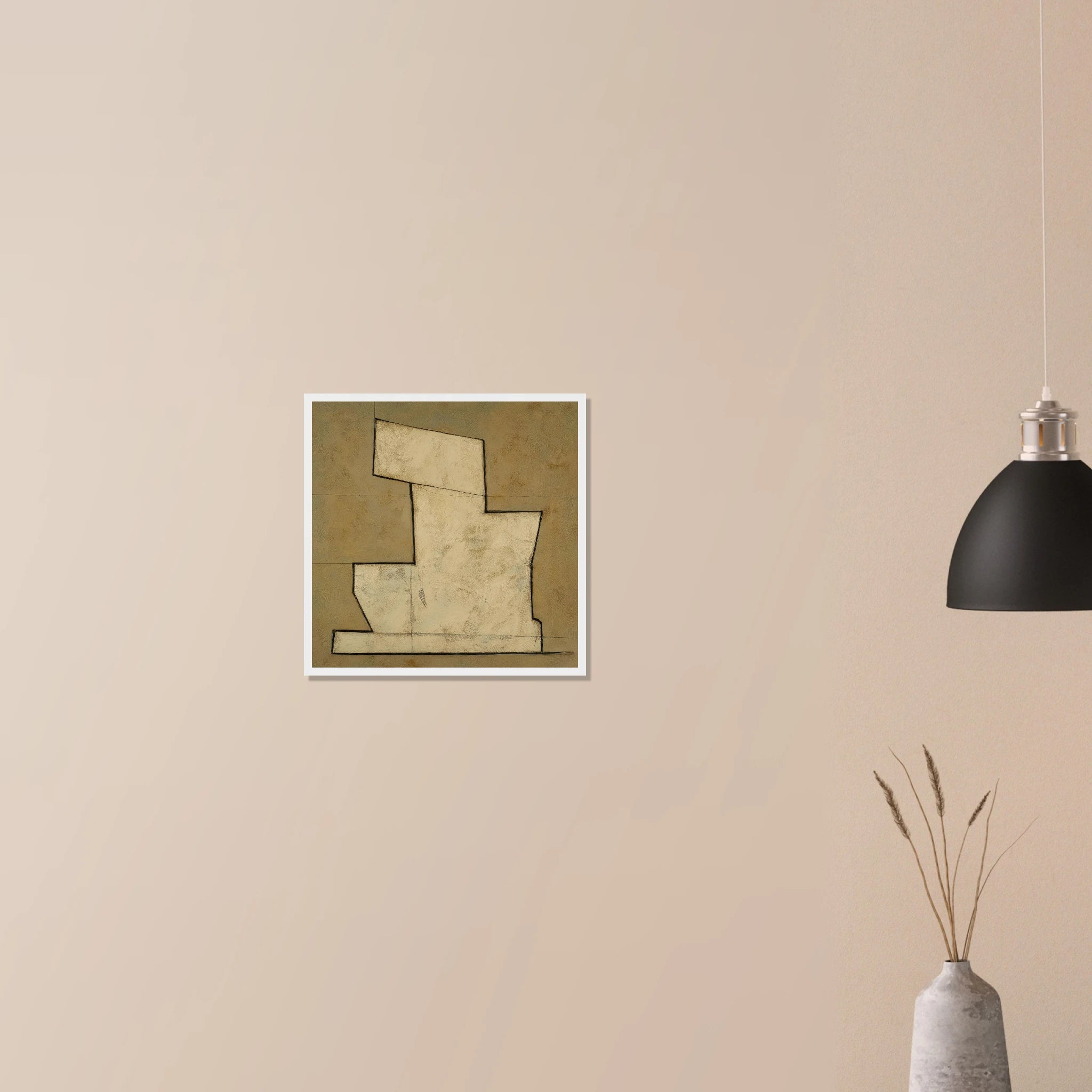 Stepped Form minimalist artwork in black frame on neutral wall, clean lined stepped silhouette in soft beige