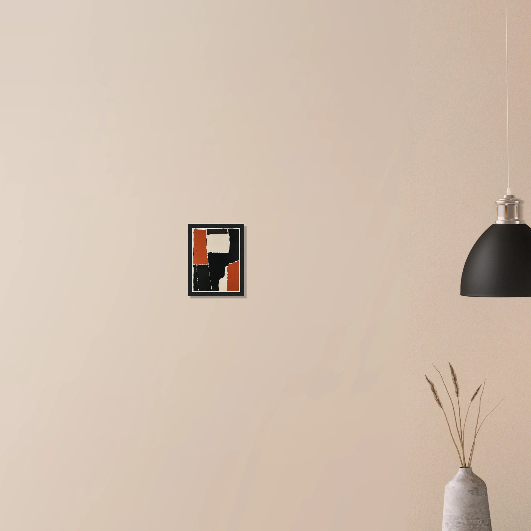 Interlocking Rust I minimalist geometric art in black frame on neutral wall, deep rust and charcoal composition