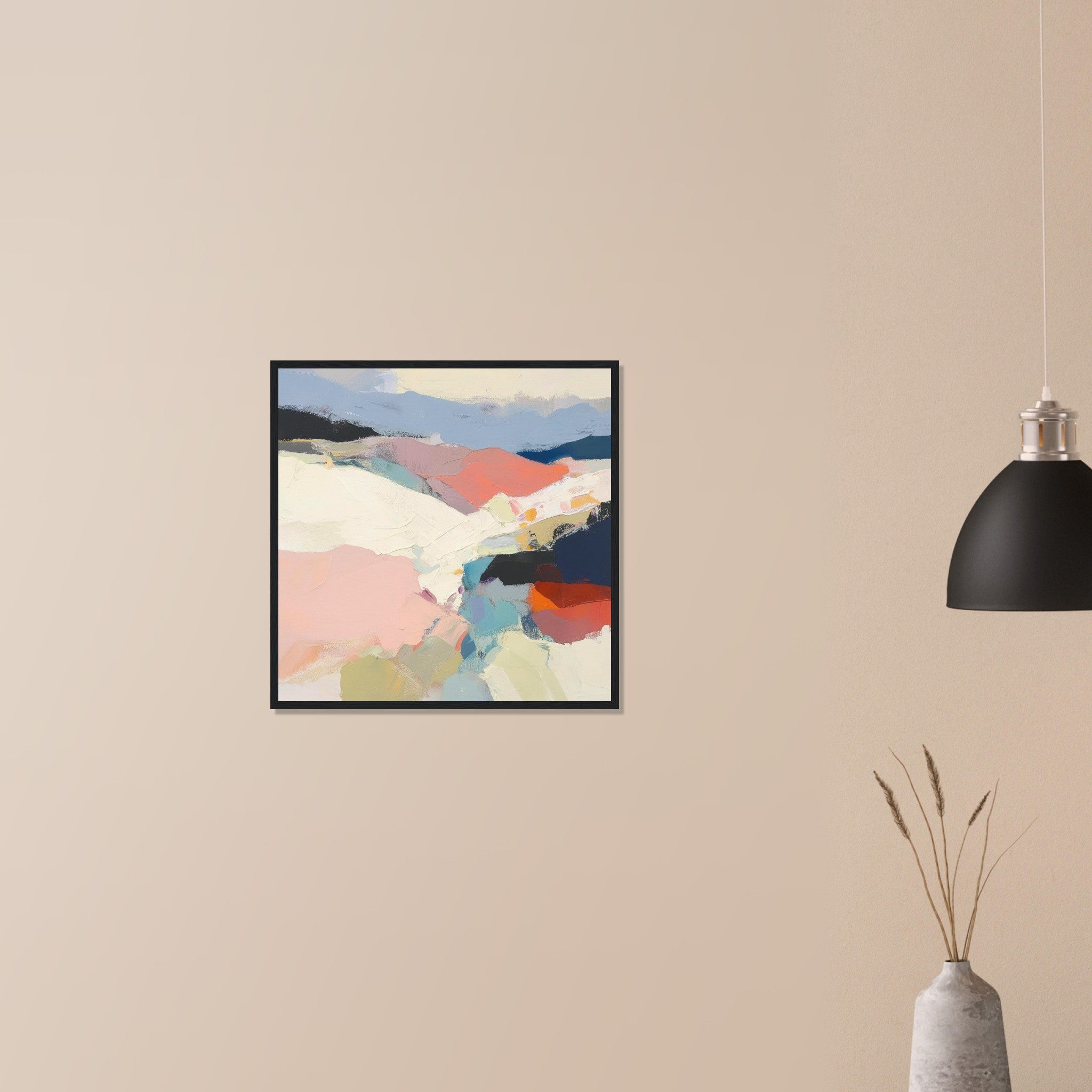 Piedmont expressive valley floor artwork in dark wood frame on neutral wall in modern home, teal pools and warm blush forms