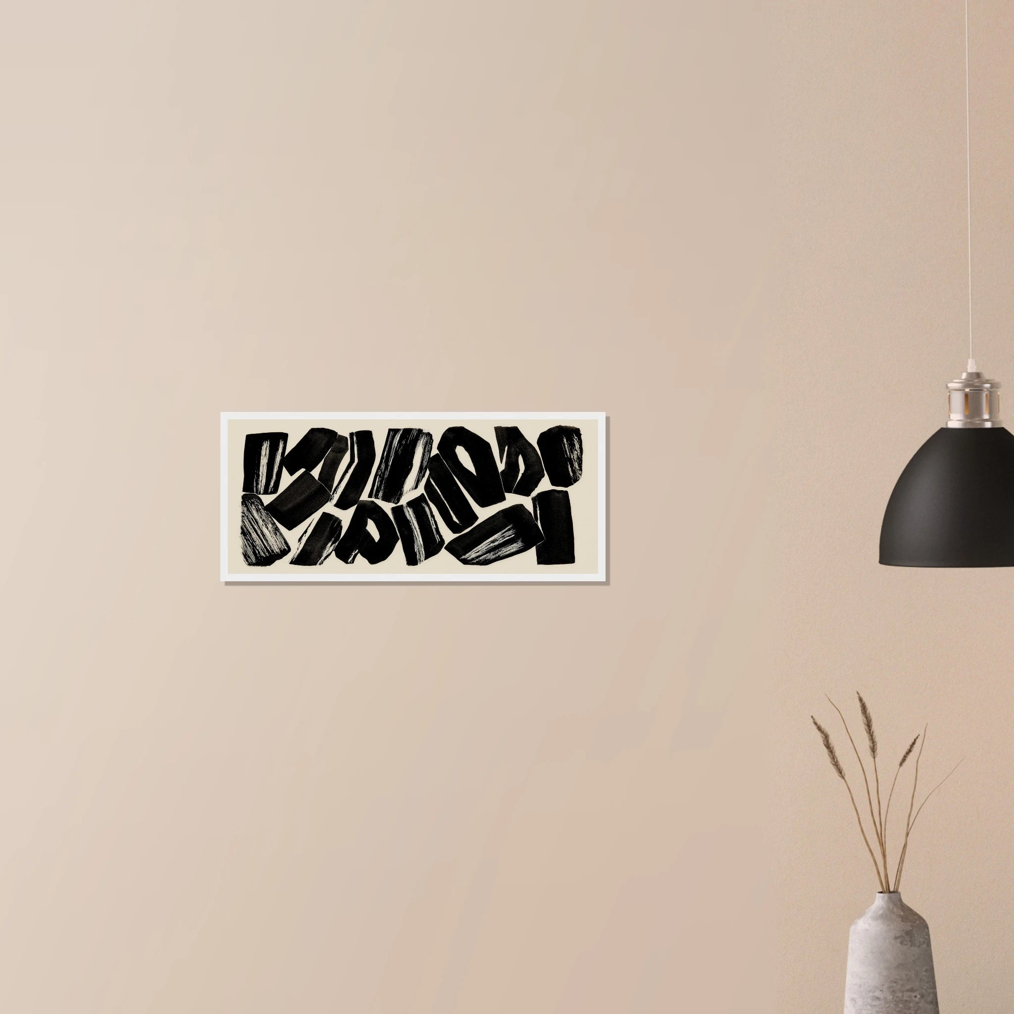 Char Study black and cream abstract art in white frame on neutral wall in modern home, wide charred wood composition with bold contrast