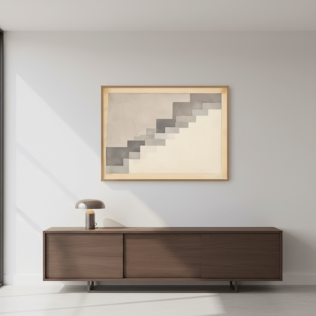 Clarity No. 06 The Reduction modern neutral abstract print with cream and pale taupe fields, clean minimalist composition