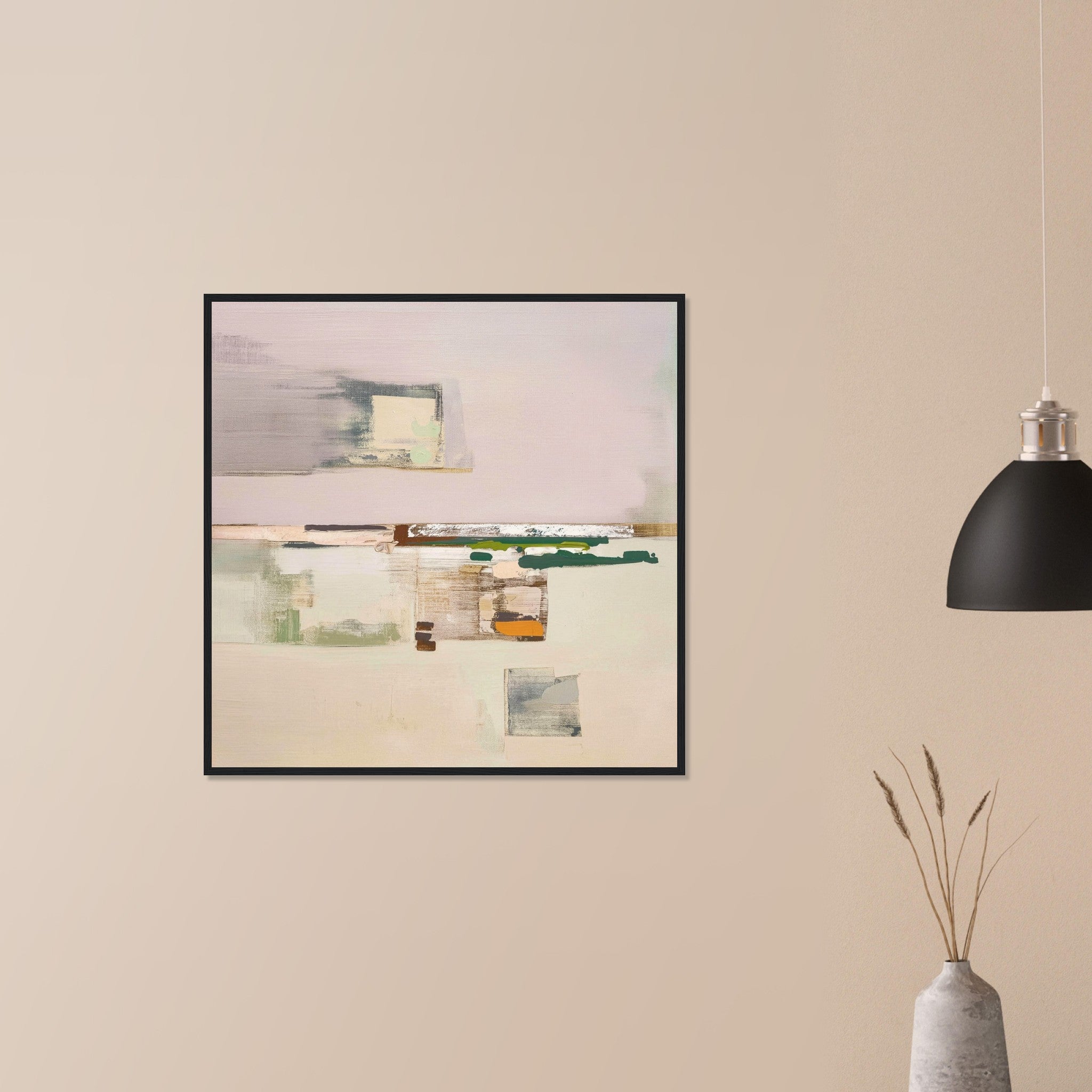 Oakville Floor soft agricultural landscape print in dark wood frame on neutral wall in modern home, layered neutral color blocks