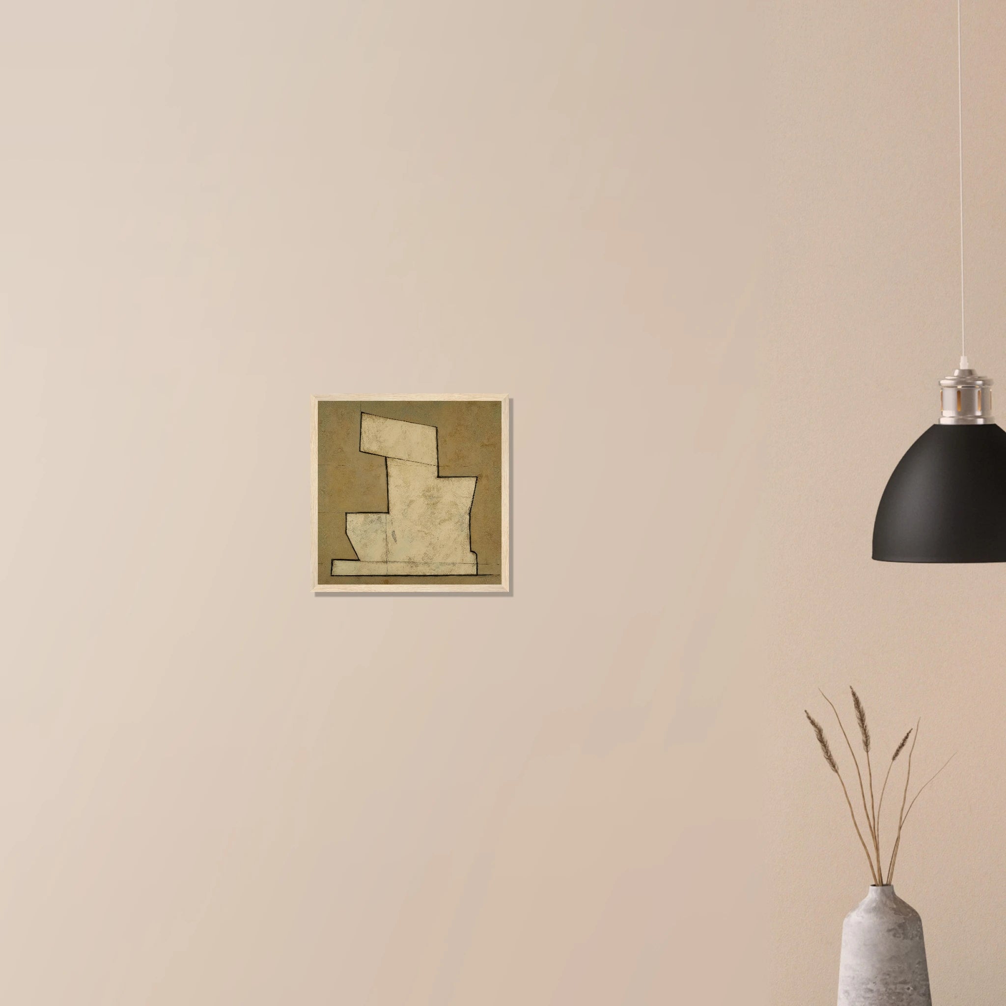Stepped Form modern minimalist print in natural wood frame on neutral wall, stacked geometric form in sand and taupe