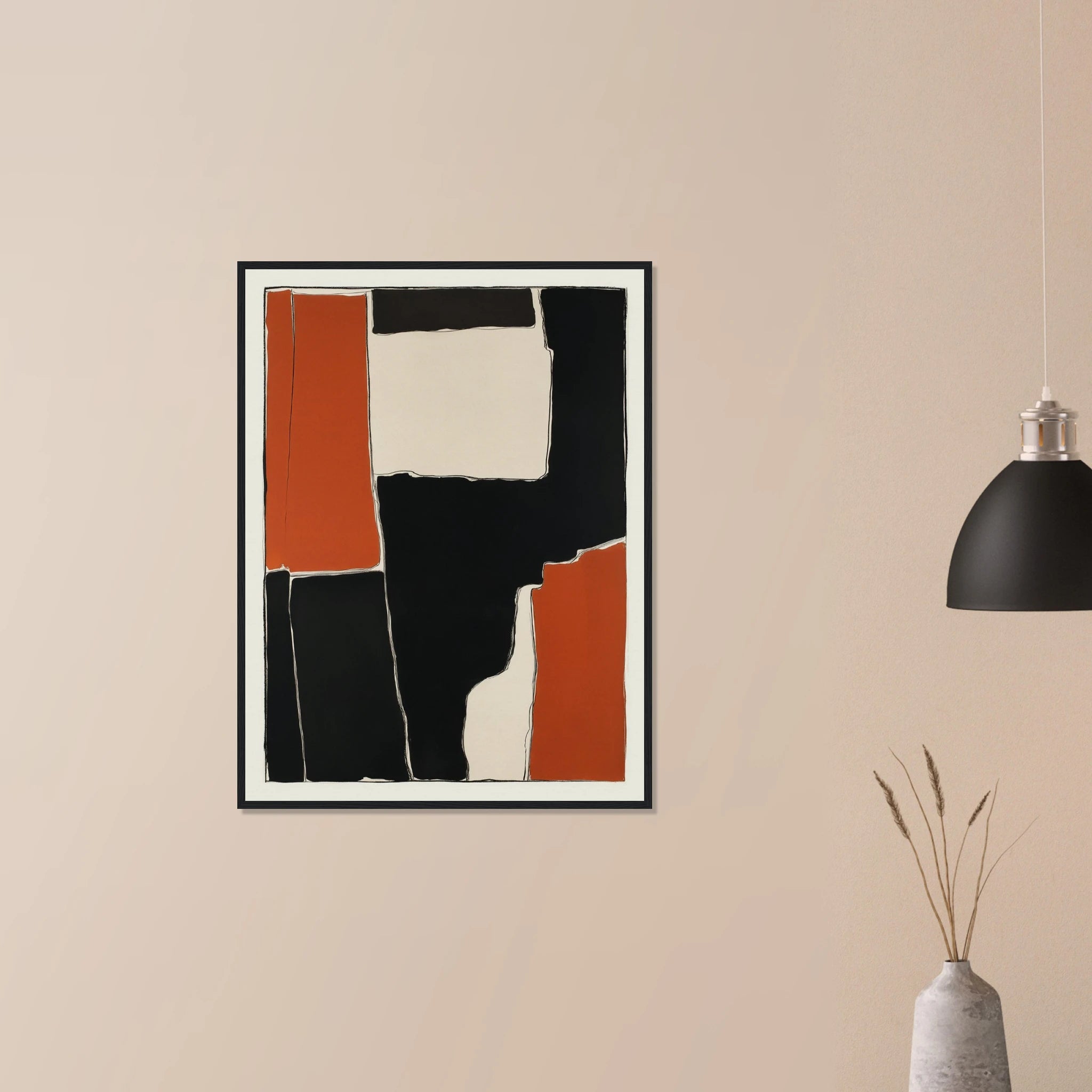 Interlocking Rust I abstract art in natural wood frame on neutral wall, rust and black geometric forms for living room decor