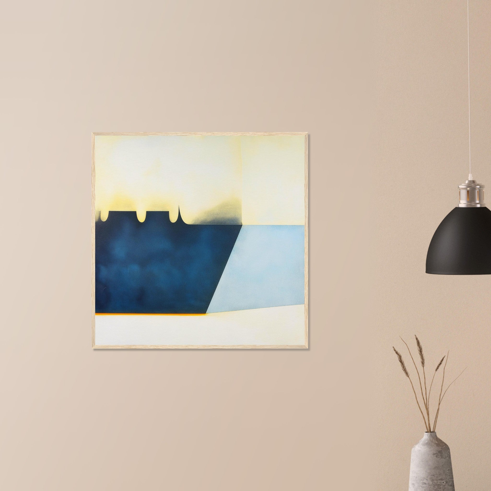 Reservoir Cut modern blue wall art in wood frame on neutral wall in modern home, calm water plane and dark geometric infrastructure form