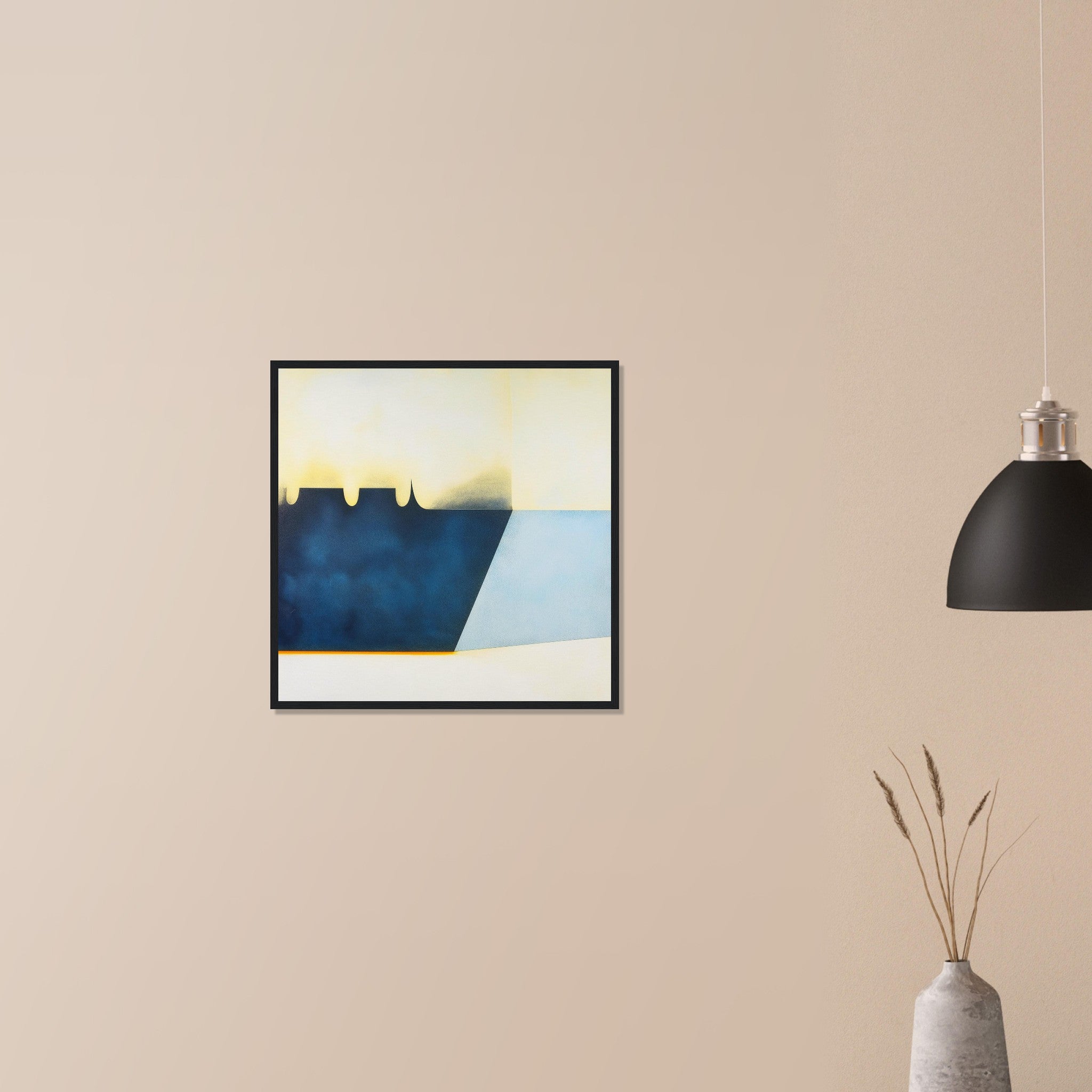 Reservoir Cut bold navy and sky blue abstract in black frame on neutral wall in modern home, clean architectural shapes with warm accent line