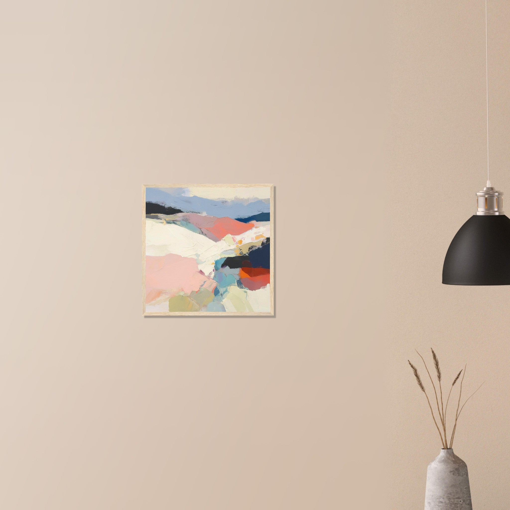 Piedmont modern mountain abstract in black frame on neutral wall in modern home, painterly ridgelines and sweeping white center