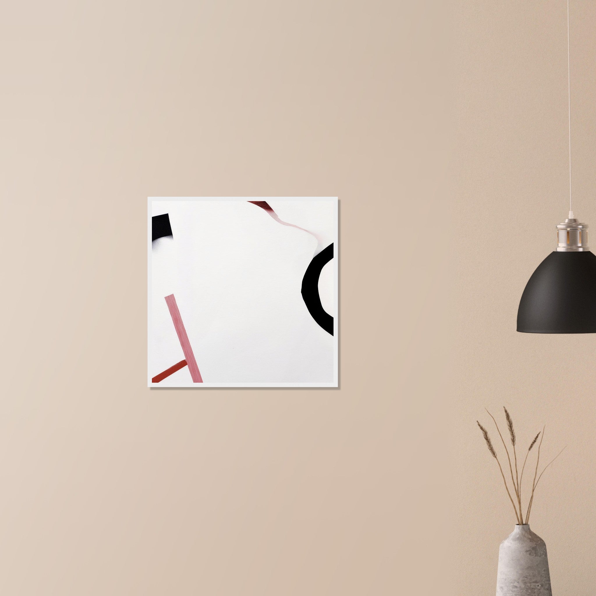 Survey Flags striking negative space artwork in black frame on neutral wall in modern home, crimson and black geometry pressed to borders