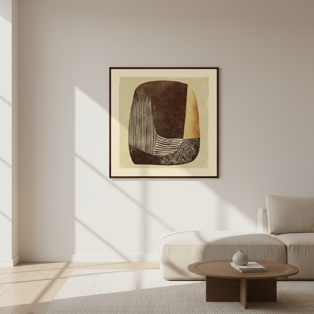 Carved Vessel modern abstract print with rust orange and cream ceramic form, minimalist earth tone composition