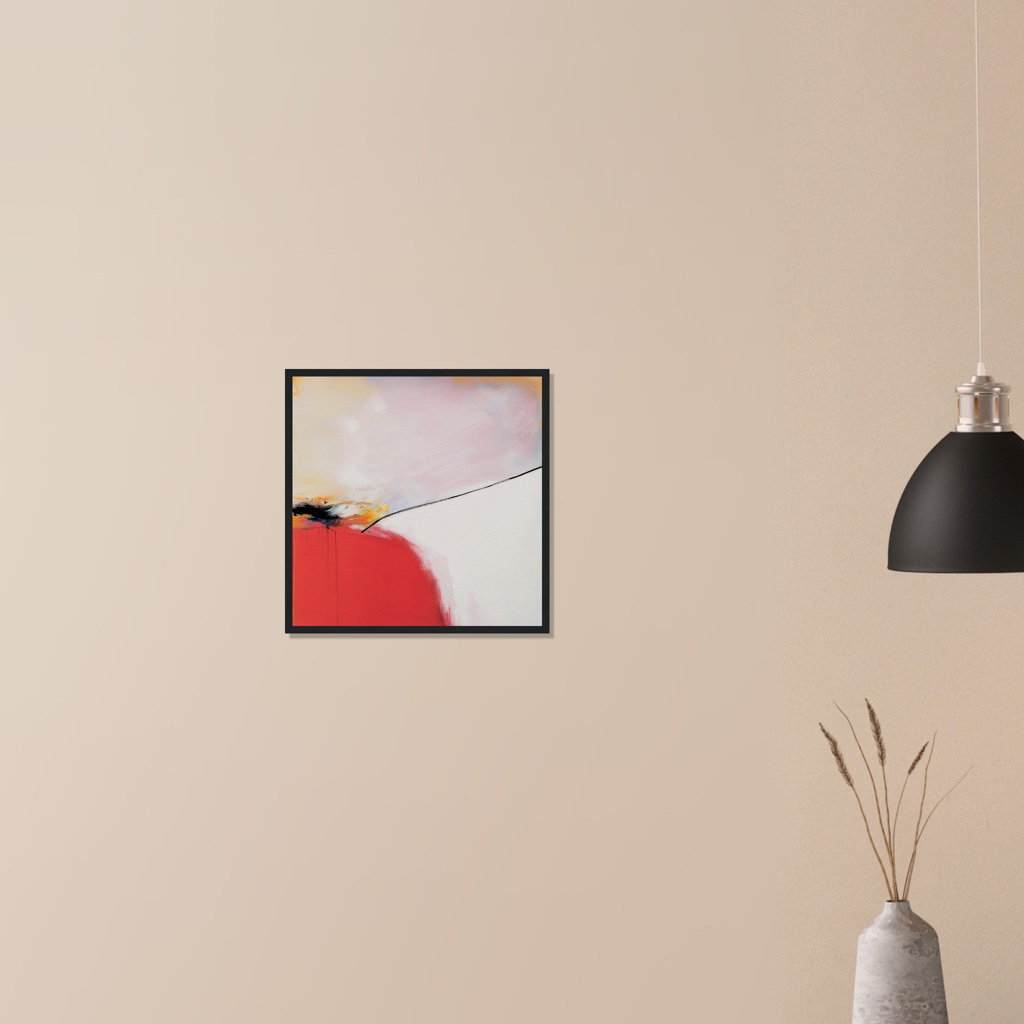 Controlled Burn dramatic red abstract print in natural wood frame on neutral wall in modern home, diagonal divide with fire mass and smoke haze