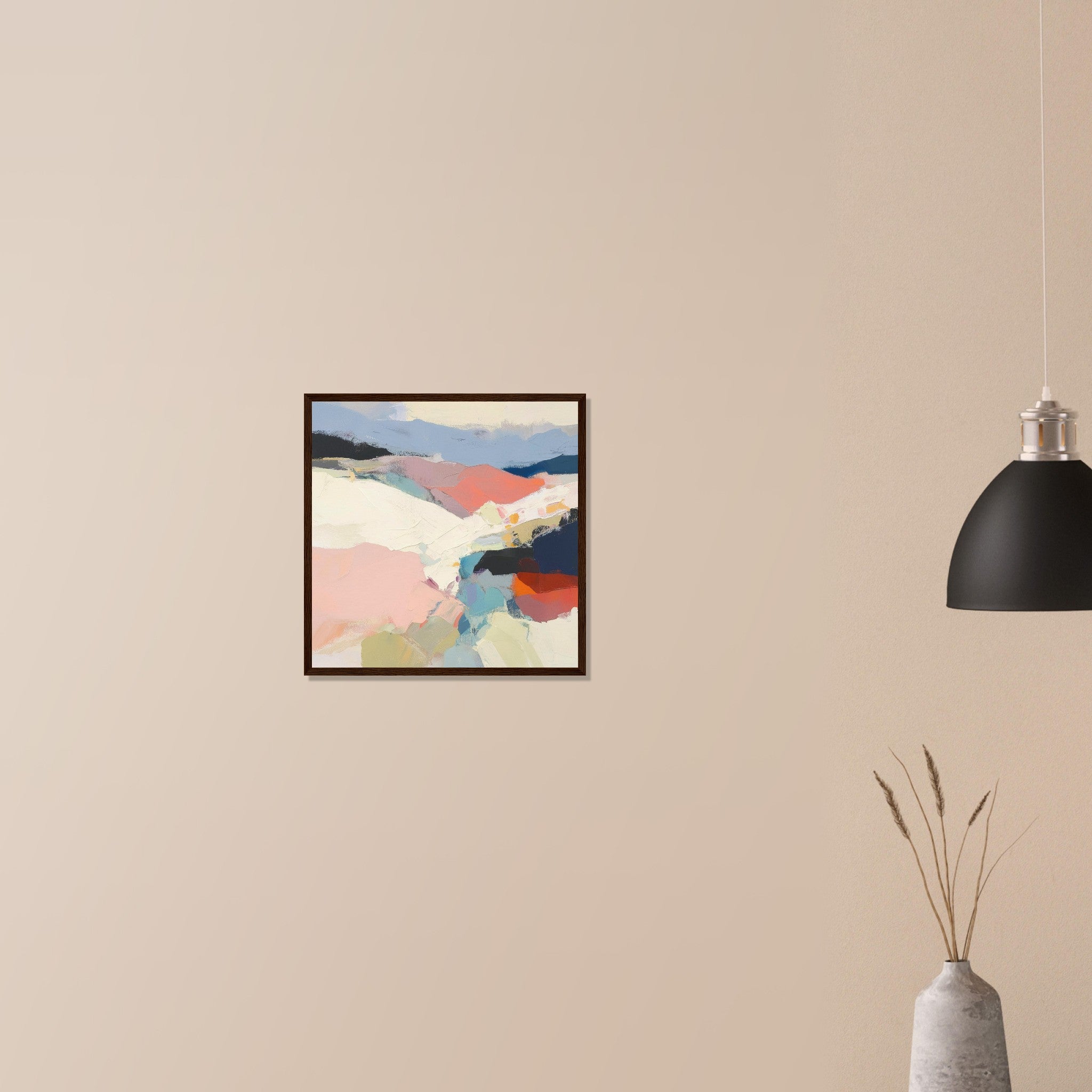Piedmont richly layered terrain print in dark wood frame on neutral wall in modern home, blush, teal and ochre meeting