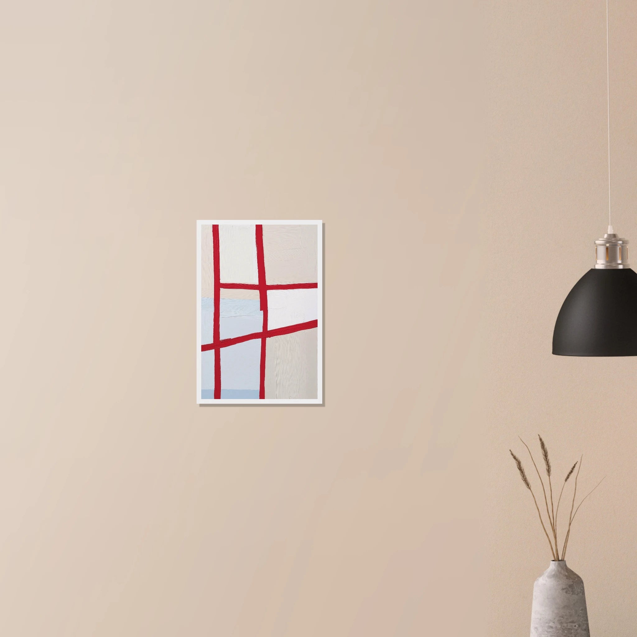 Orchard Plat confident geometric wall art in white frame on neutral wall in modern home, warm taupe ground with striking red lines
