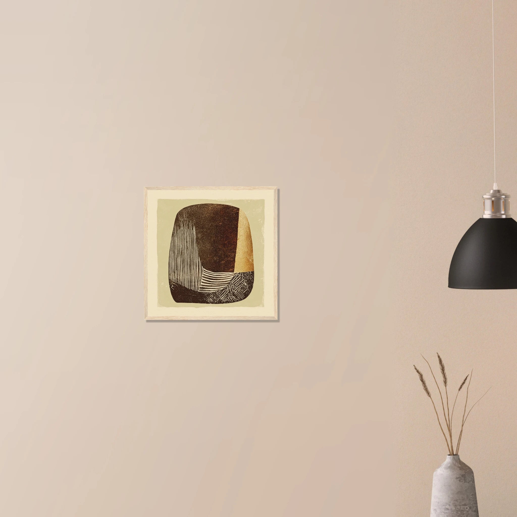 Carved Vessel abstract minimalist art in black frame on neutral wall, earthy ceramic inspired palette with bold contrast