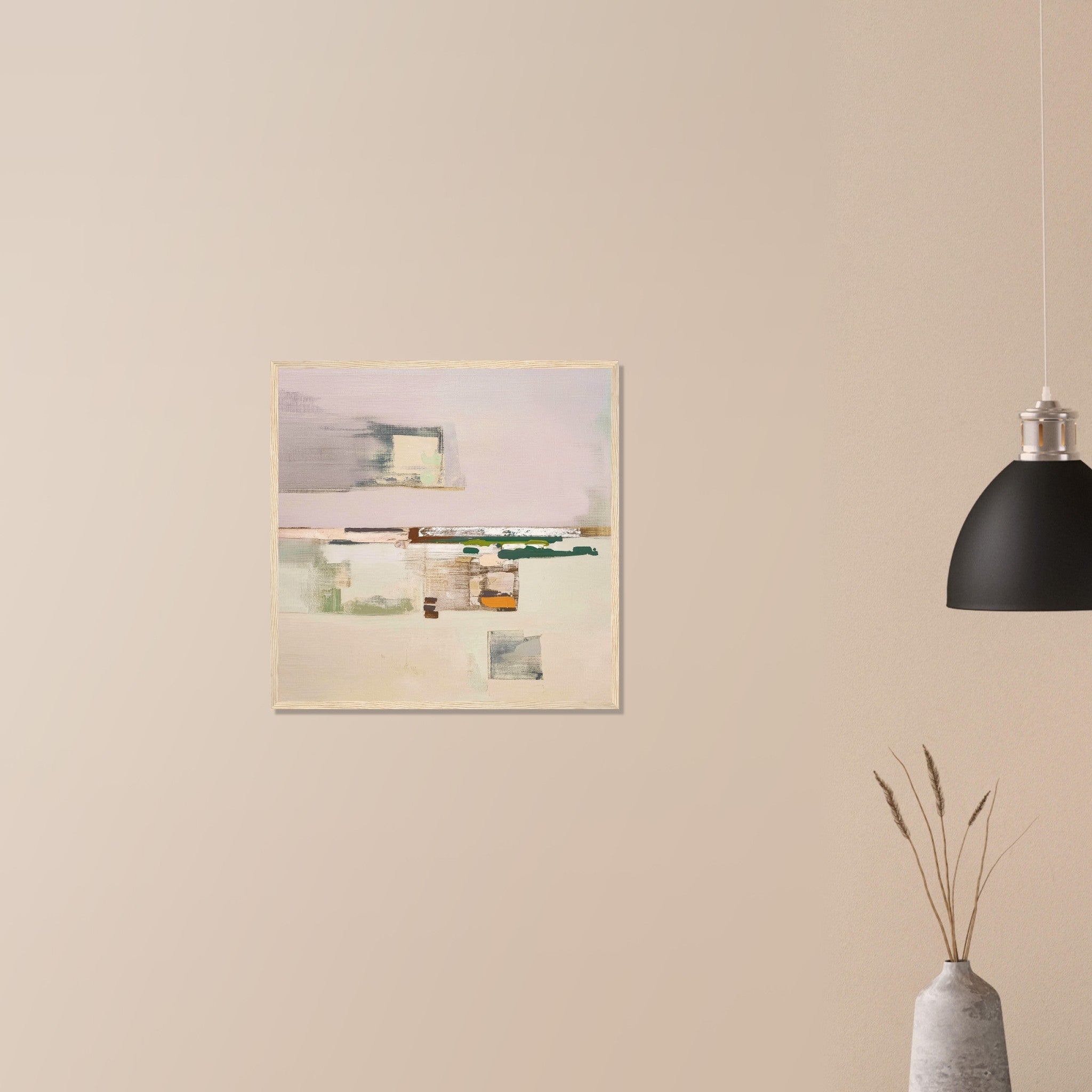 Oakville Floor quiet contemporary abstract in black frame on neutral wall in modern home, balanced sage, cream and muted blush tones