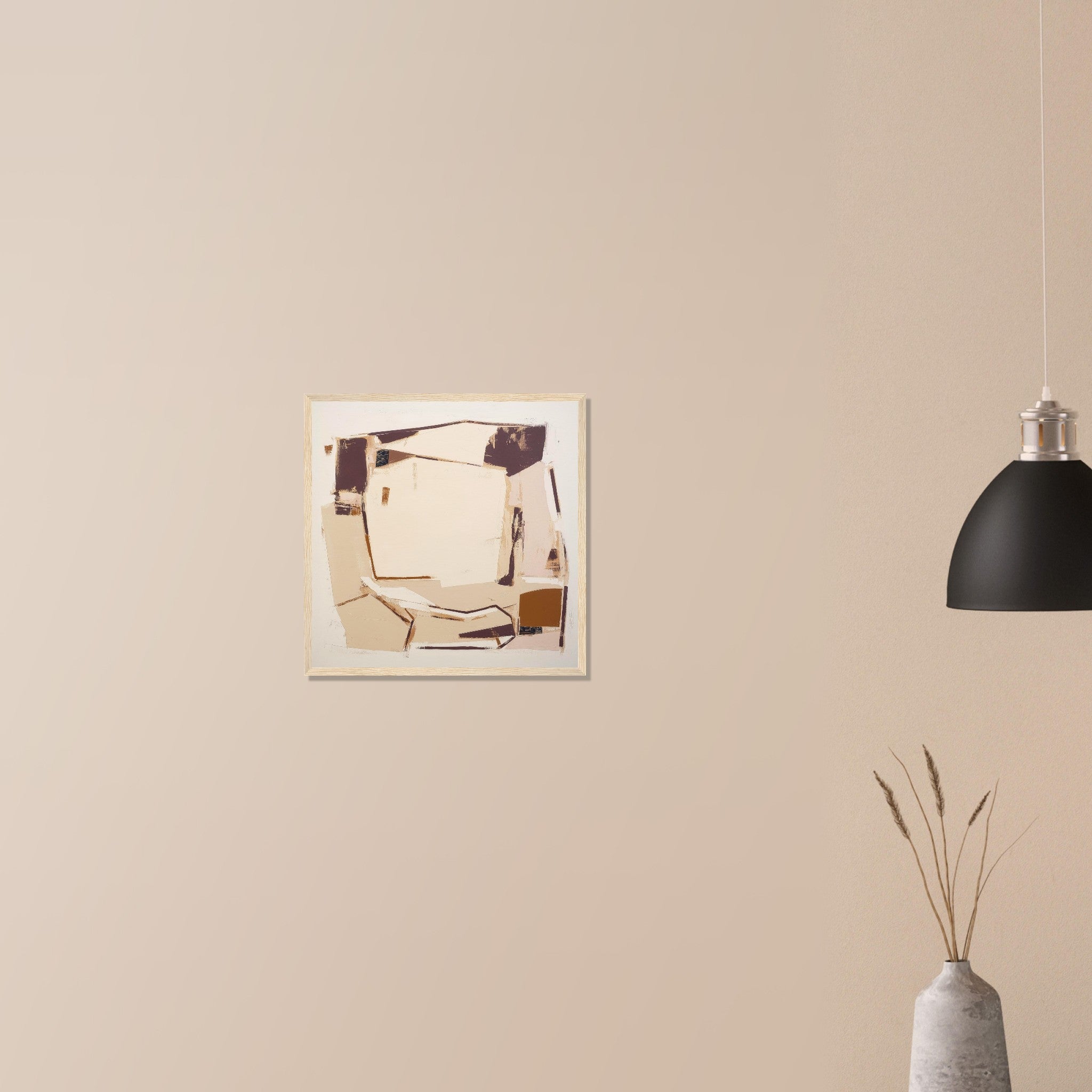 Packing House minimalist warehouse abstract in white frame on neutral wall in modern home, warm taupe and ochre structural shapes