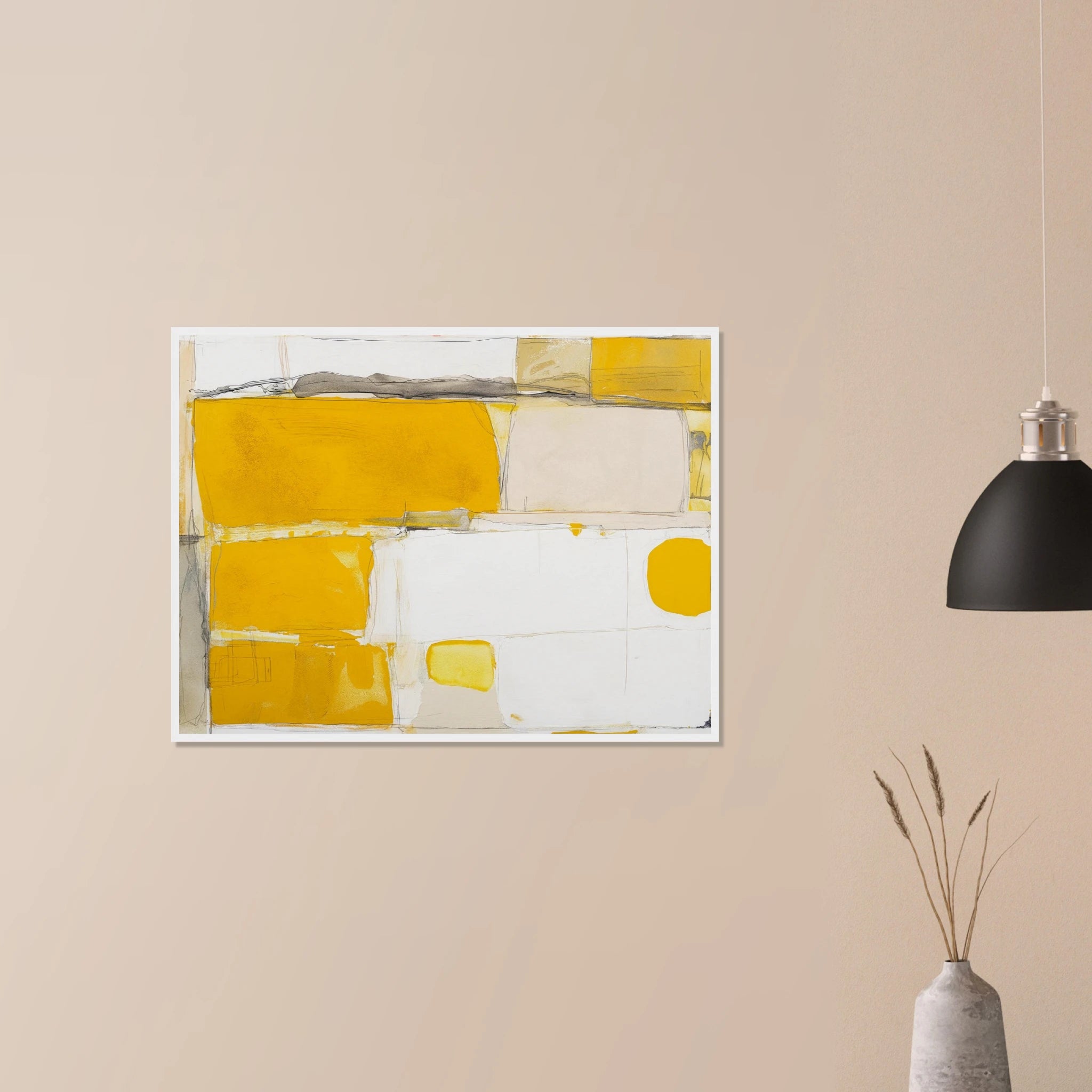 Mustard Field Abstract contemporary neutral art in black frame on neutral wall, painterly yellow field composition