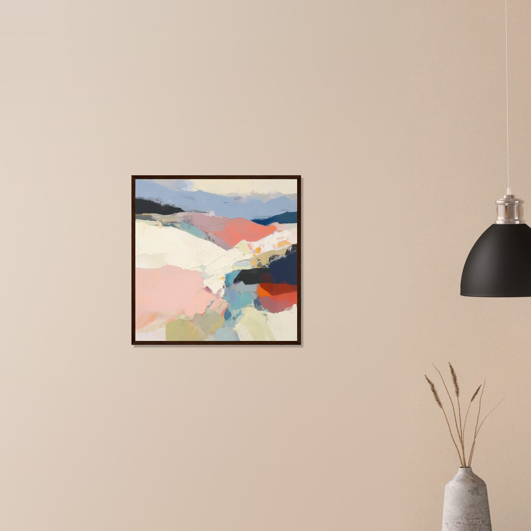 Piedmont contemporary landscape statement in black frame on neutral wall in modern home, dynamic color fields and diagonal light