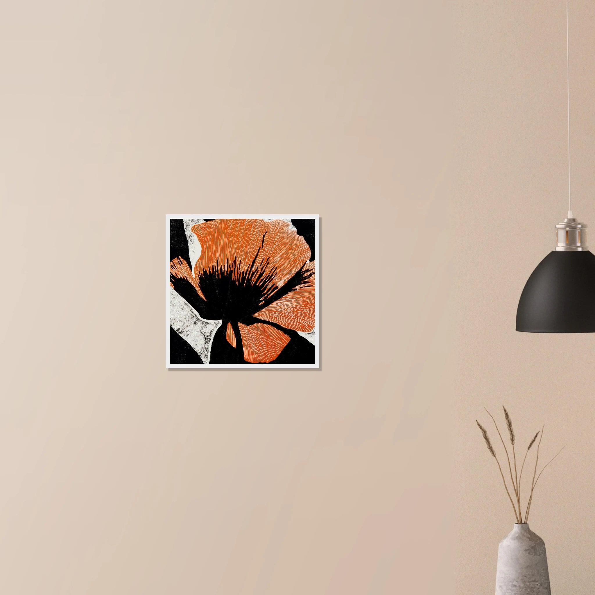 California Poppy No. 03 statement botanical print in black frame on neutral wall, bold orange California poppy for contemporary interior