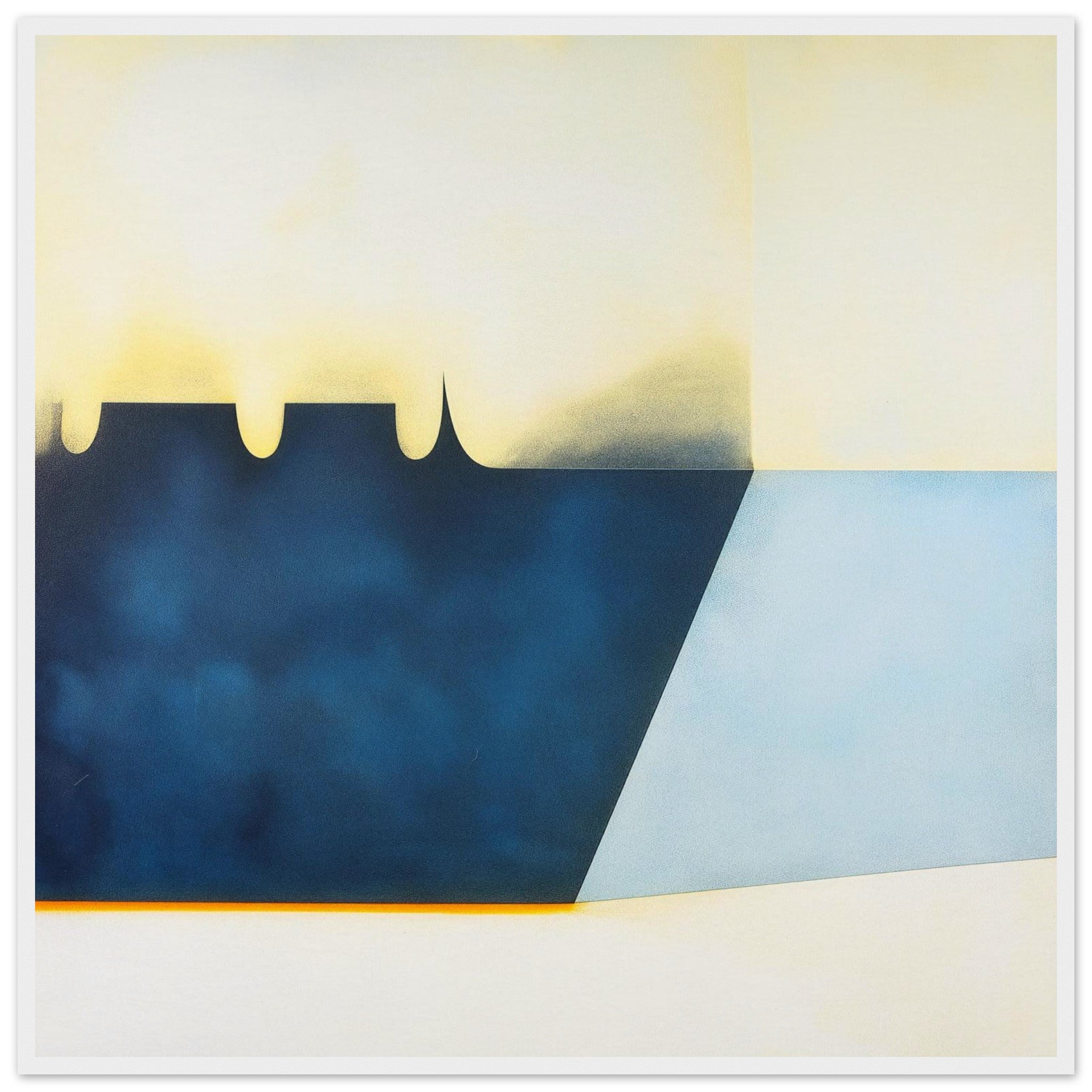 Reservoir Cut deep navy and sky blue abstract wall art with geometric dam silhouette and angled water plane, moody architectural focal piece