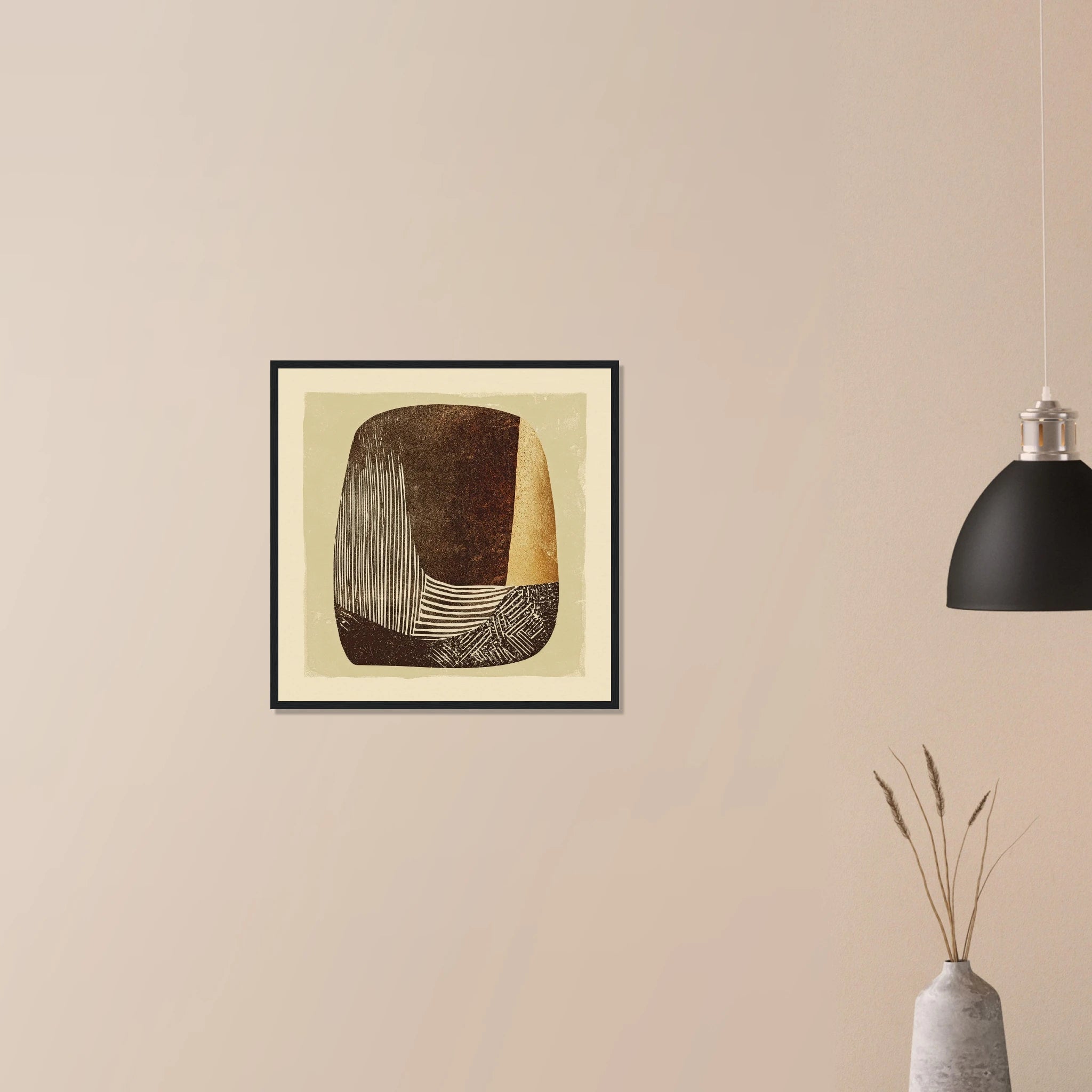 Carved Vessel abstract neutral artwork in black frame on neutral wall, carved ceramic silhouette in deep rust and cream