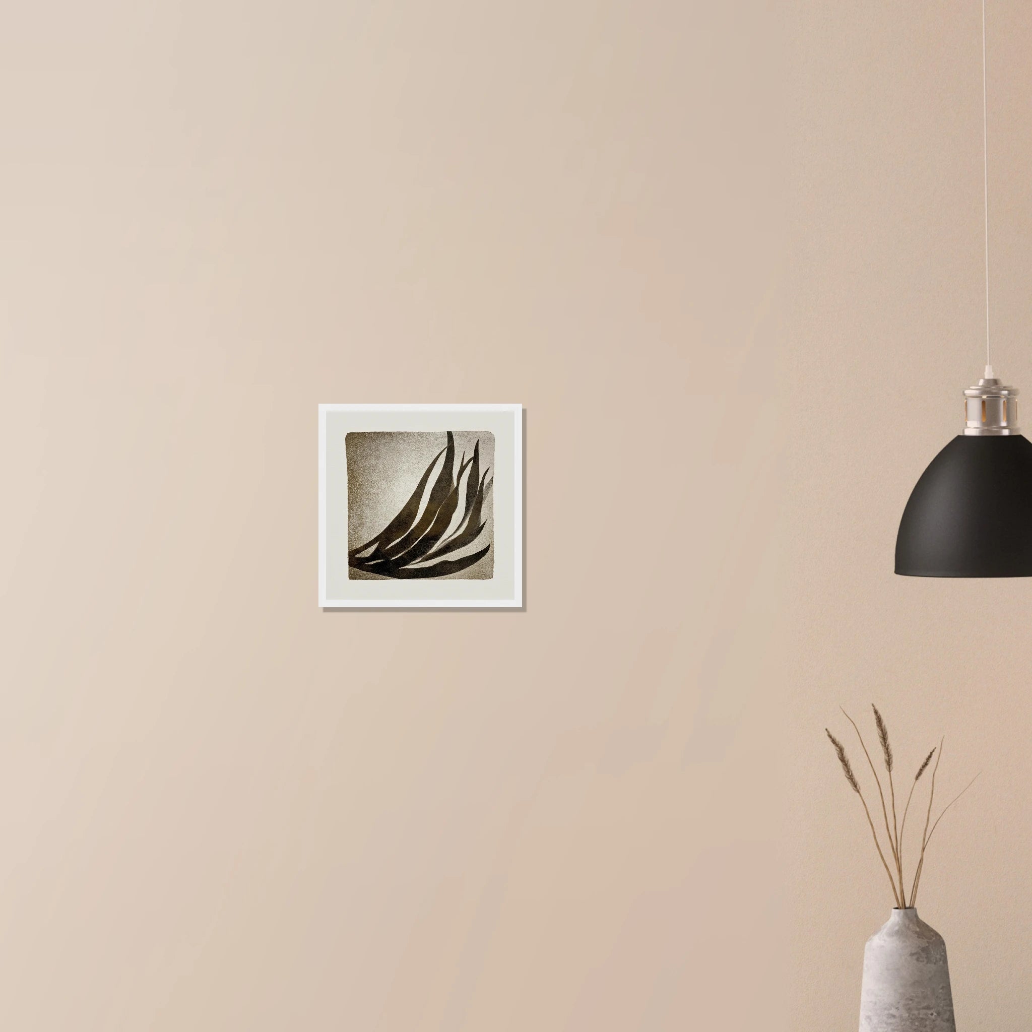 Palm Frond Shadow Study contemporary print in dark wood frame on neutral wall, charcoal and sand palm leaf study