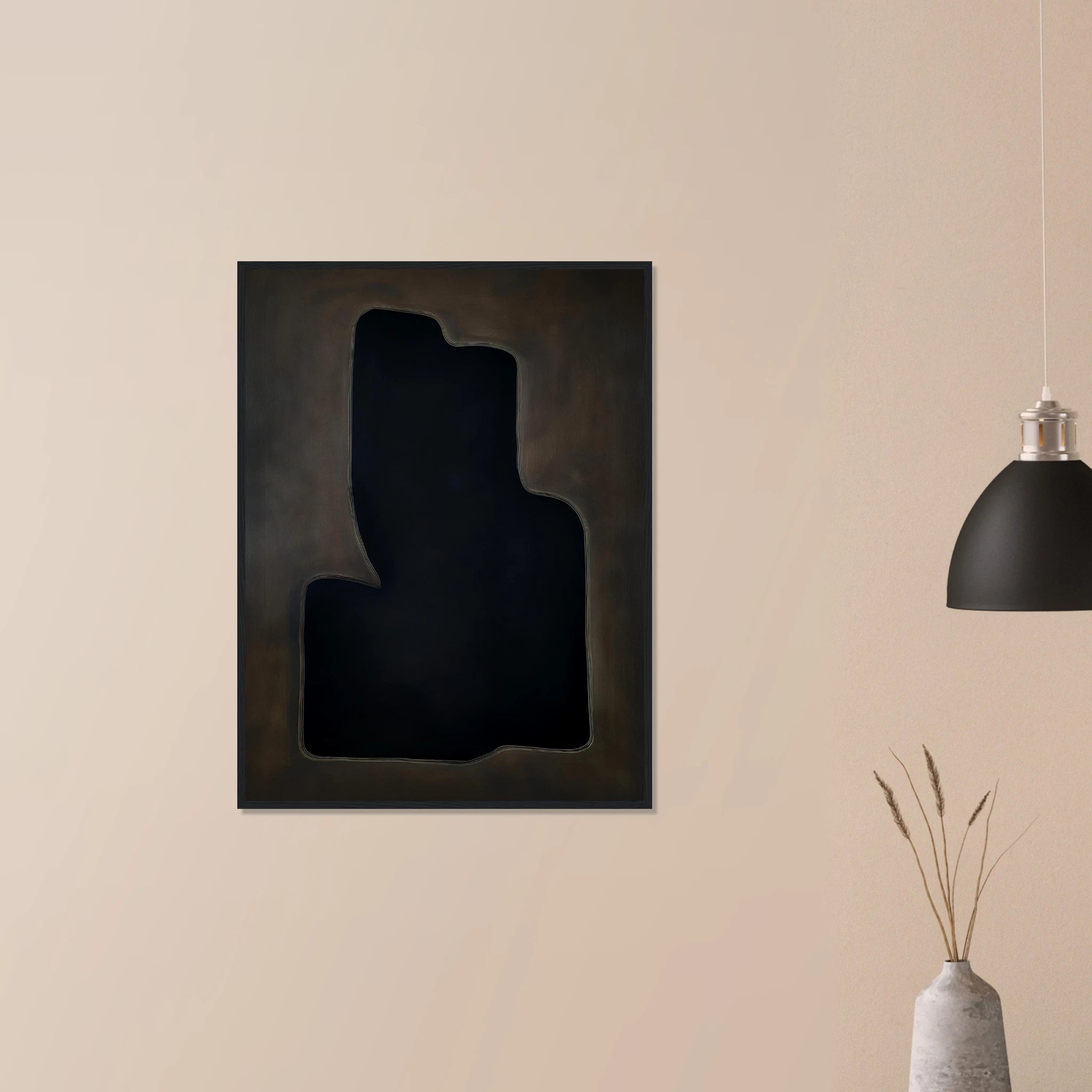 Dark Vessel abstract art in white frame on neutral wall, dark charcoal and rust ceramic shape for living room decor