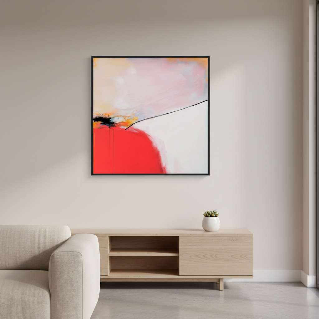 Controlled Burn modern red abstract print with char orange turbulence and thin diagonal break, high contrast fire inspired artwork for living room focal wall