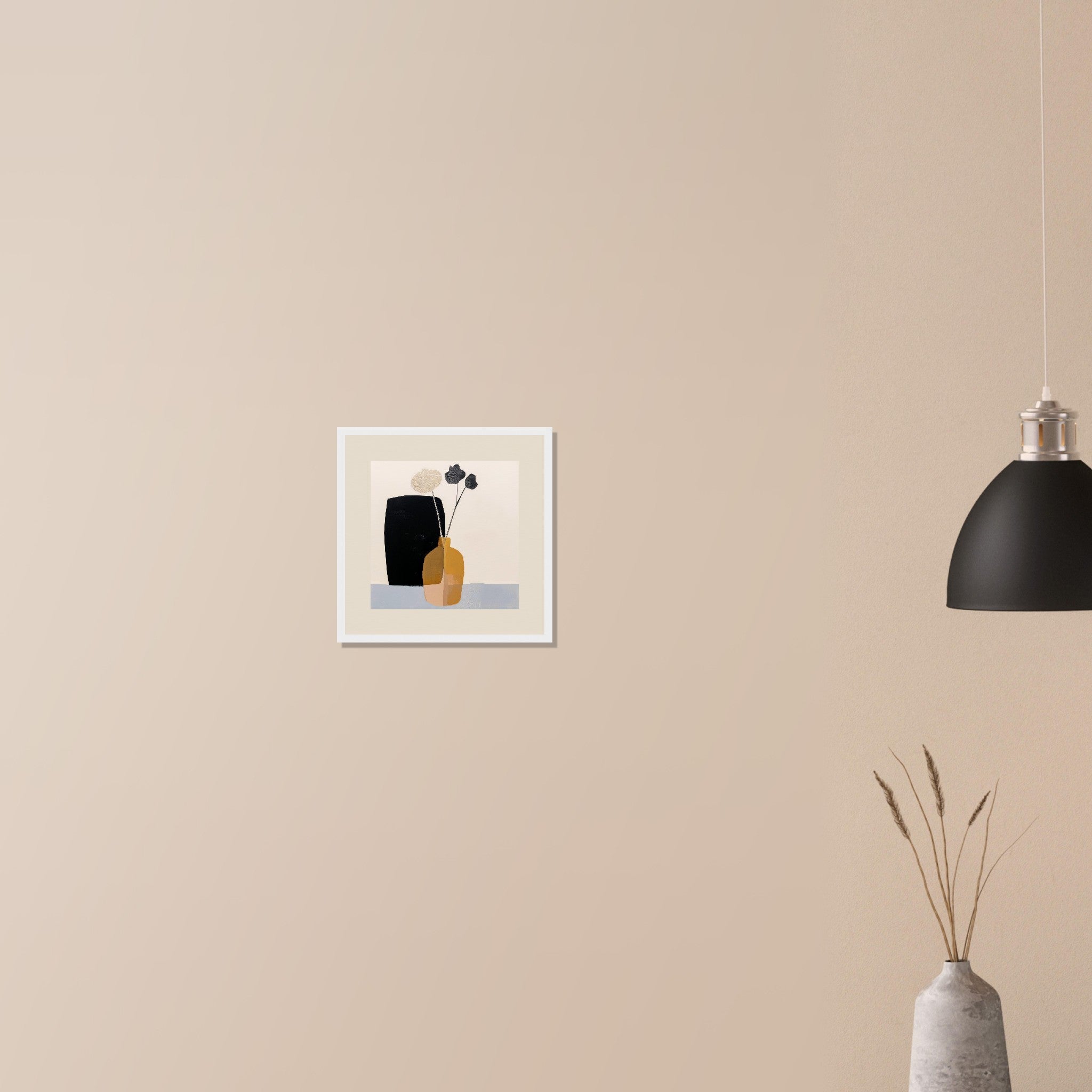 Dry Arrangement modern mustard and black wall art in black frame on neutral wall in modern home, simple vessel and stem composition