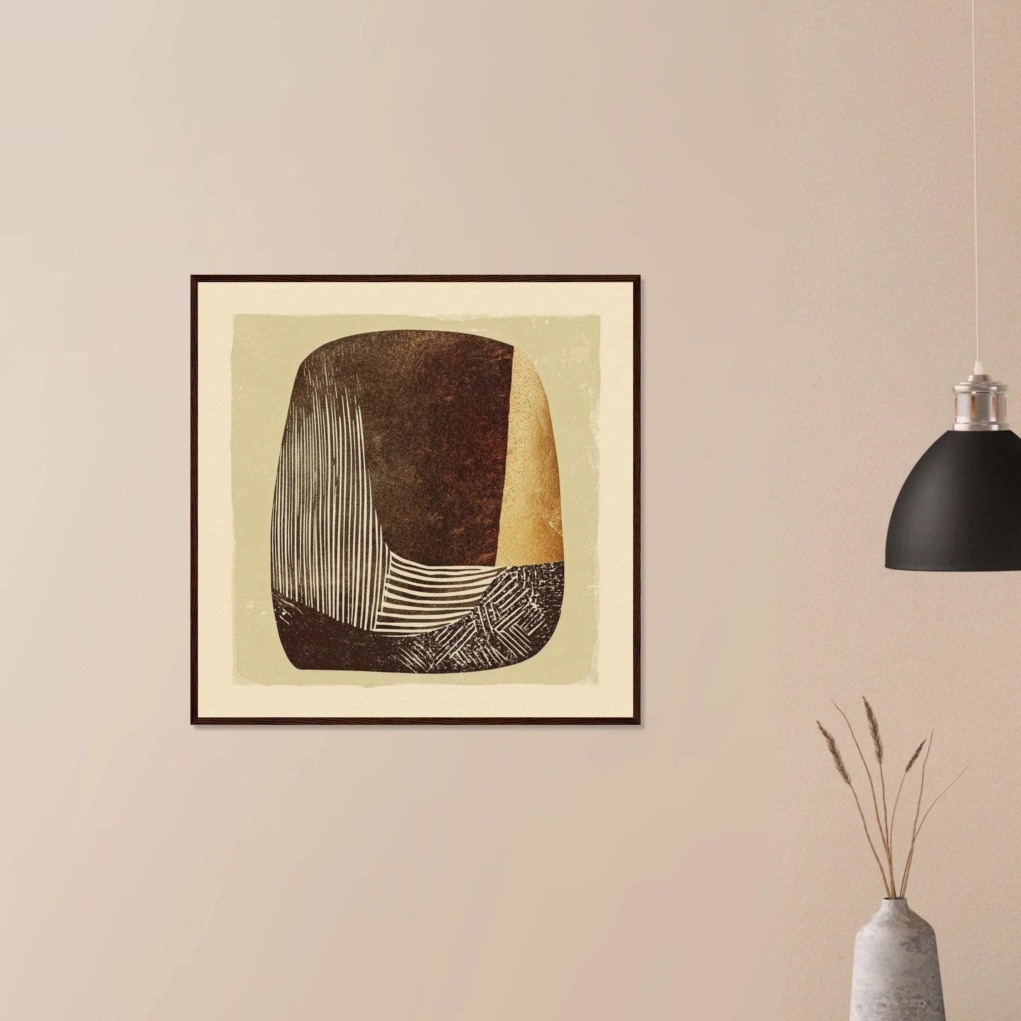 Carved Vessel abstract art in white frame on neutral wall, terracotta pottery shape with carved line texture for living room decor