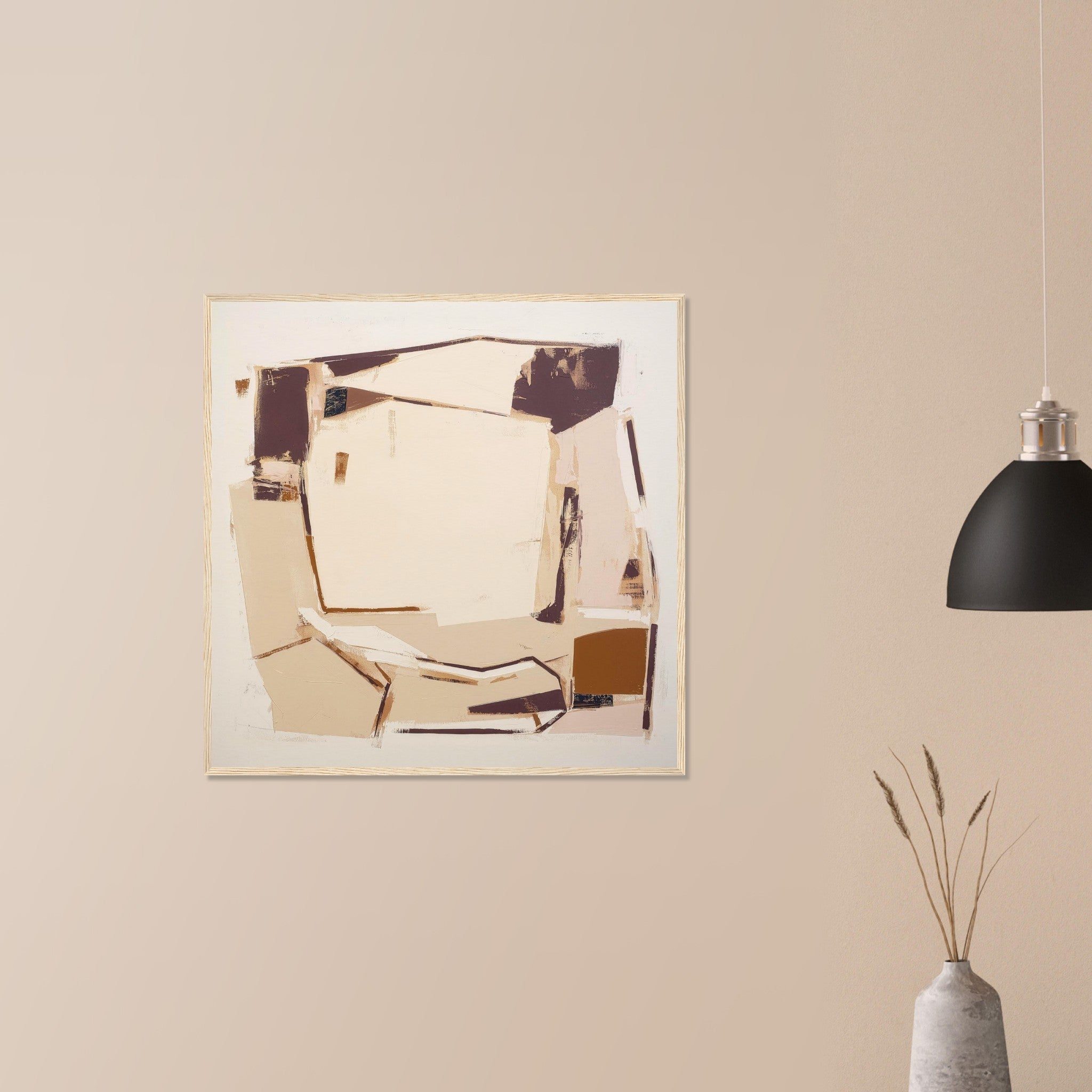 Packing House graphic agricultural print in black frame on neutral wall in modern home, strong linear forms and understated color