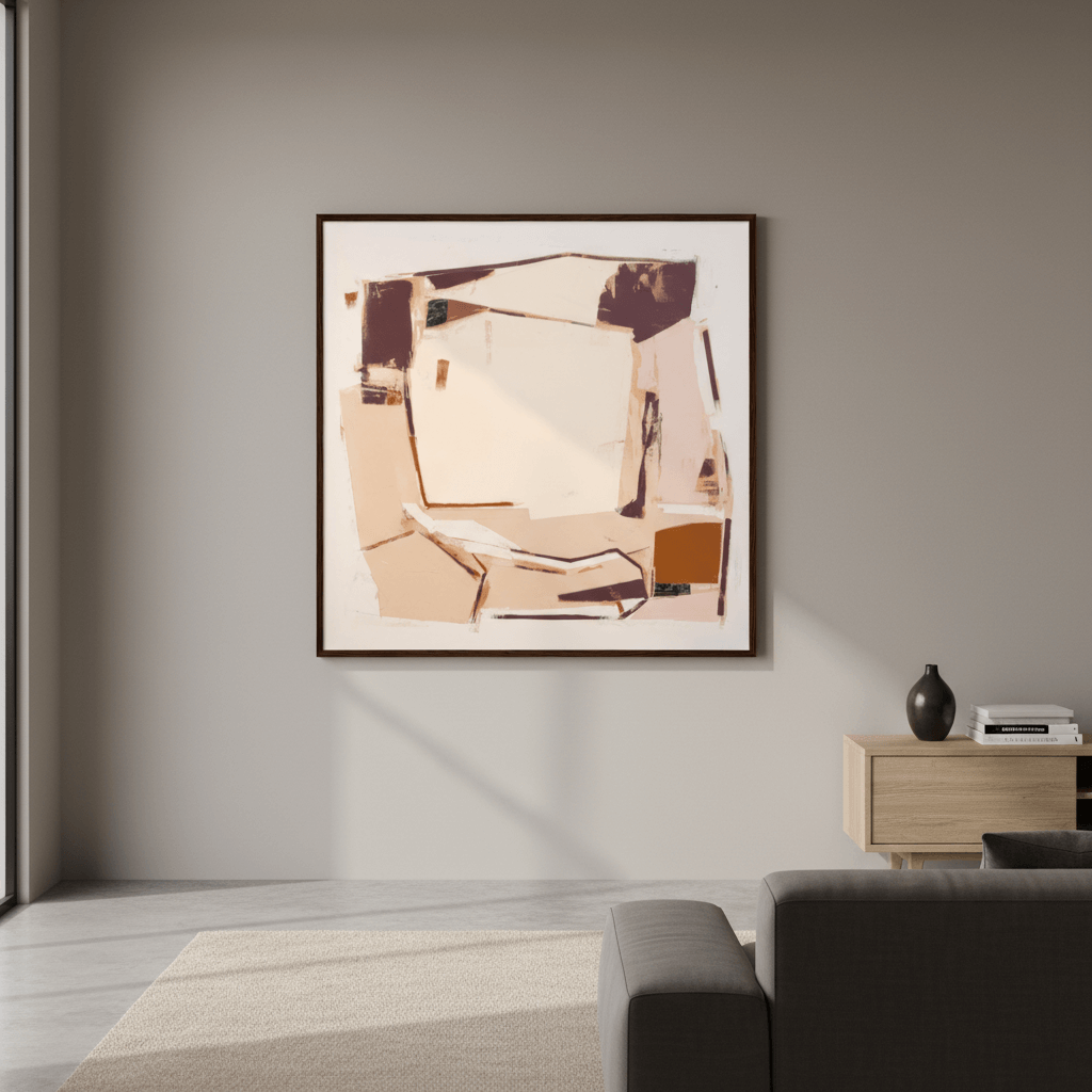 Packing House modern agricultural abstract print with layered forms and weathered texture, warehouse silhouette and warm neutral palette