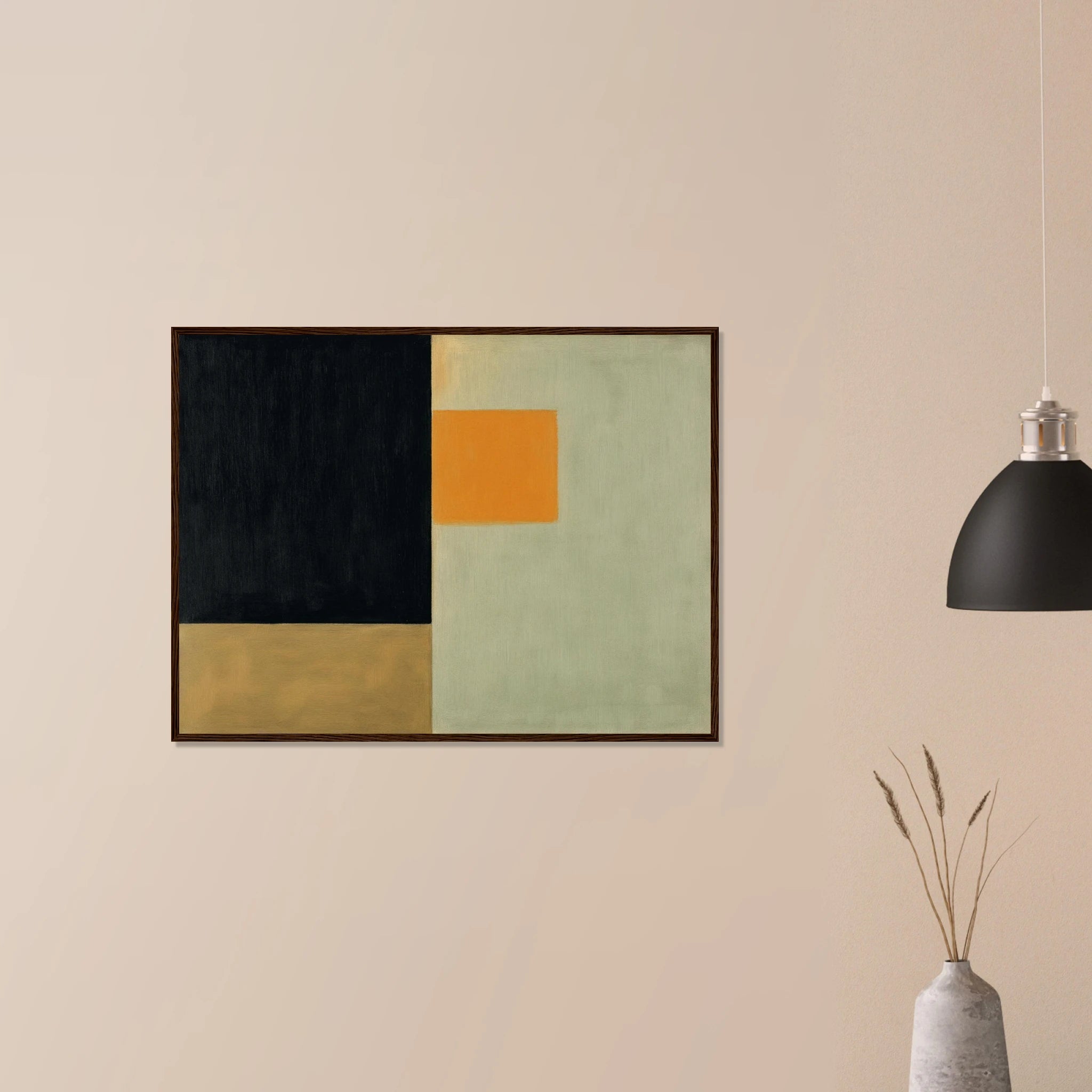 Clarity No. 07 The Distillation neutral wall art in dark wood frame on neutral wall, cream and grey vertical abstraction