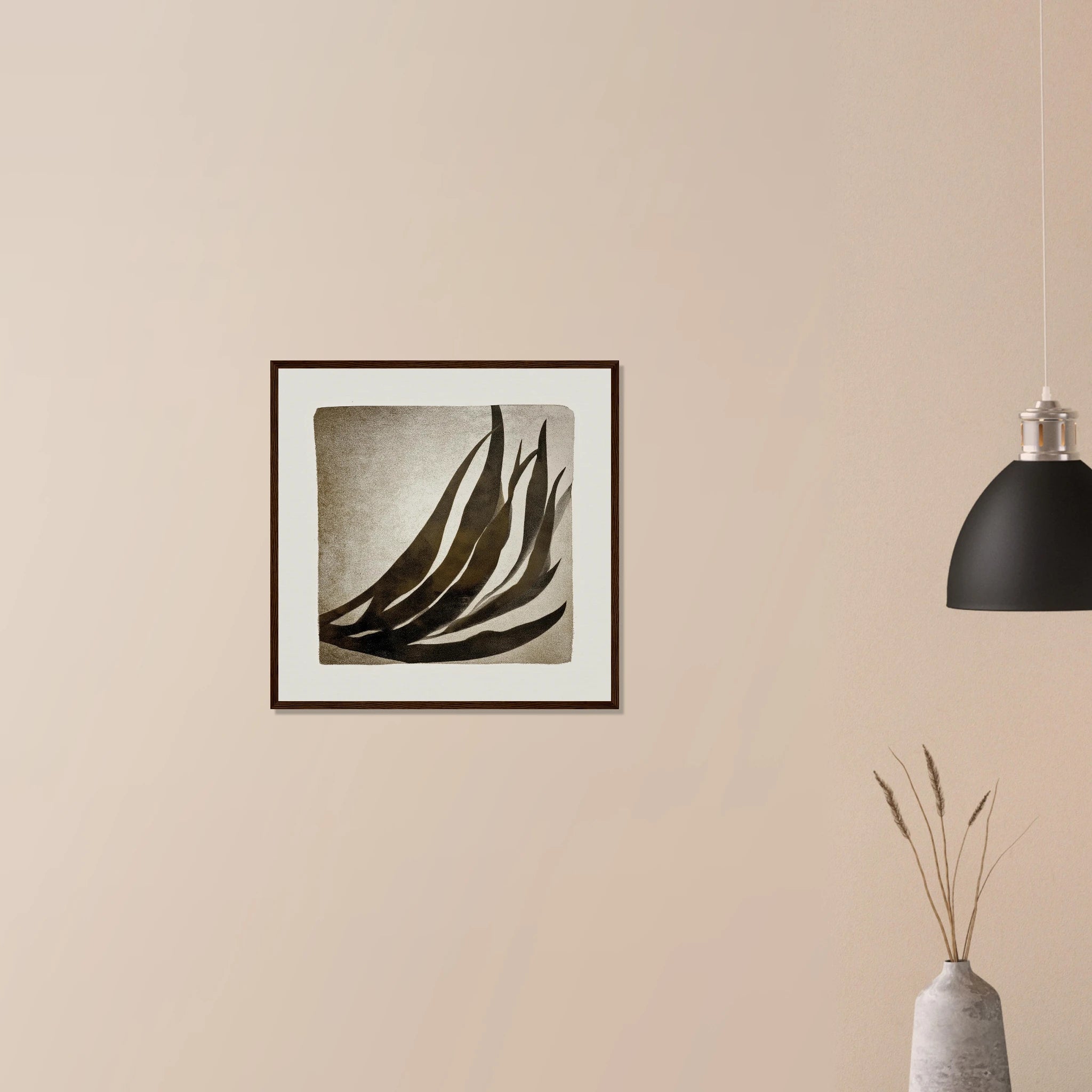 Palm Frond Shadow Study tropical wall art in natural wood frame on neutral wall, shadowed palm leaves in warm neutral palette