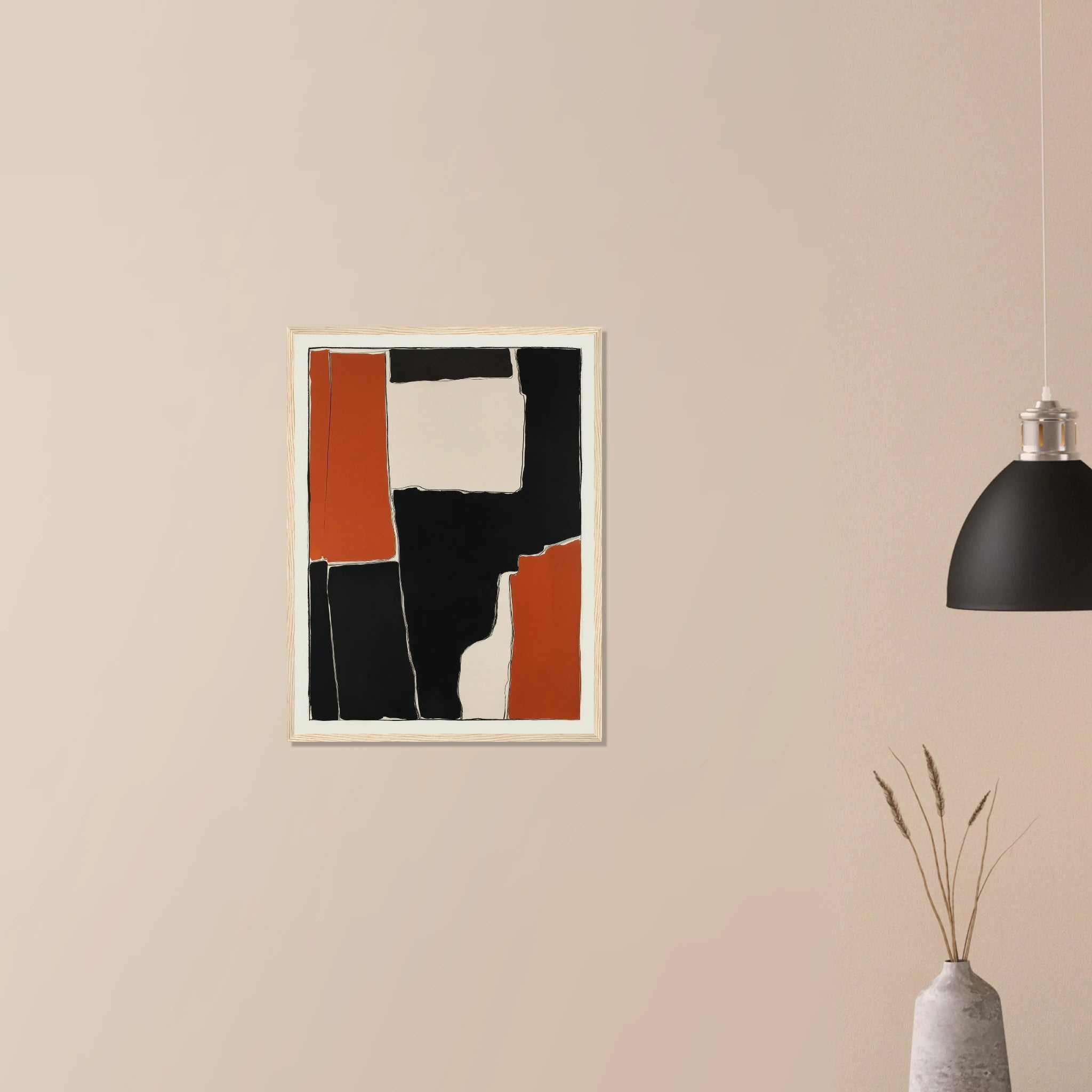 Interlocking Rust I modern rust toned art in natural wood frame on neutral wall, angular black and orange design