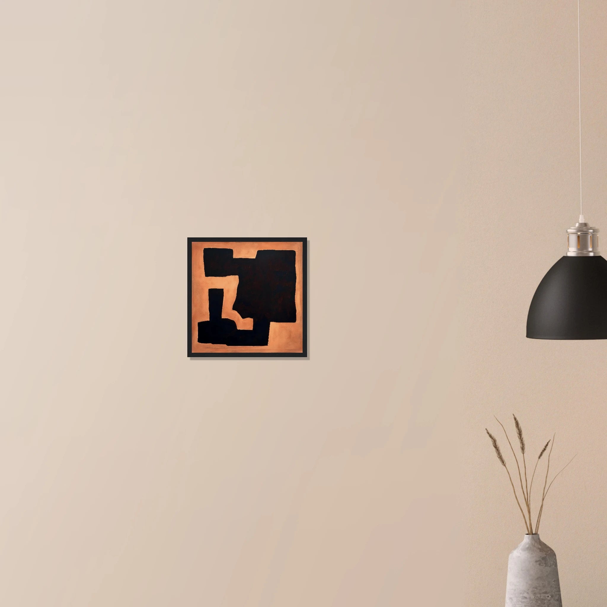 Terracotta Fragment contemporary neutral art in black frame on neutral wall, burnt orange shard with cream contrast