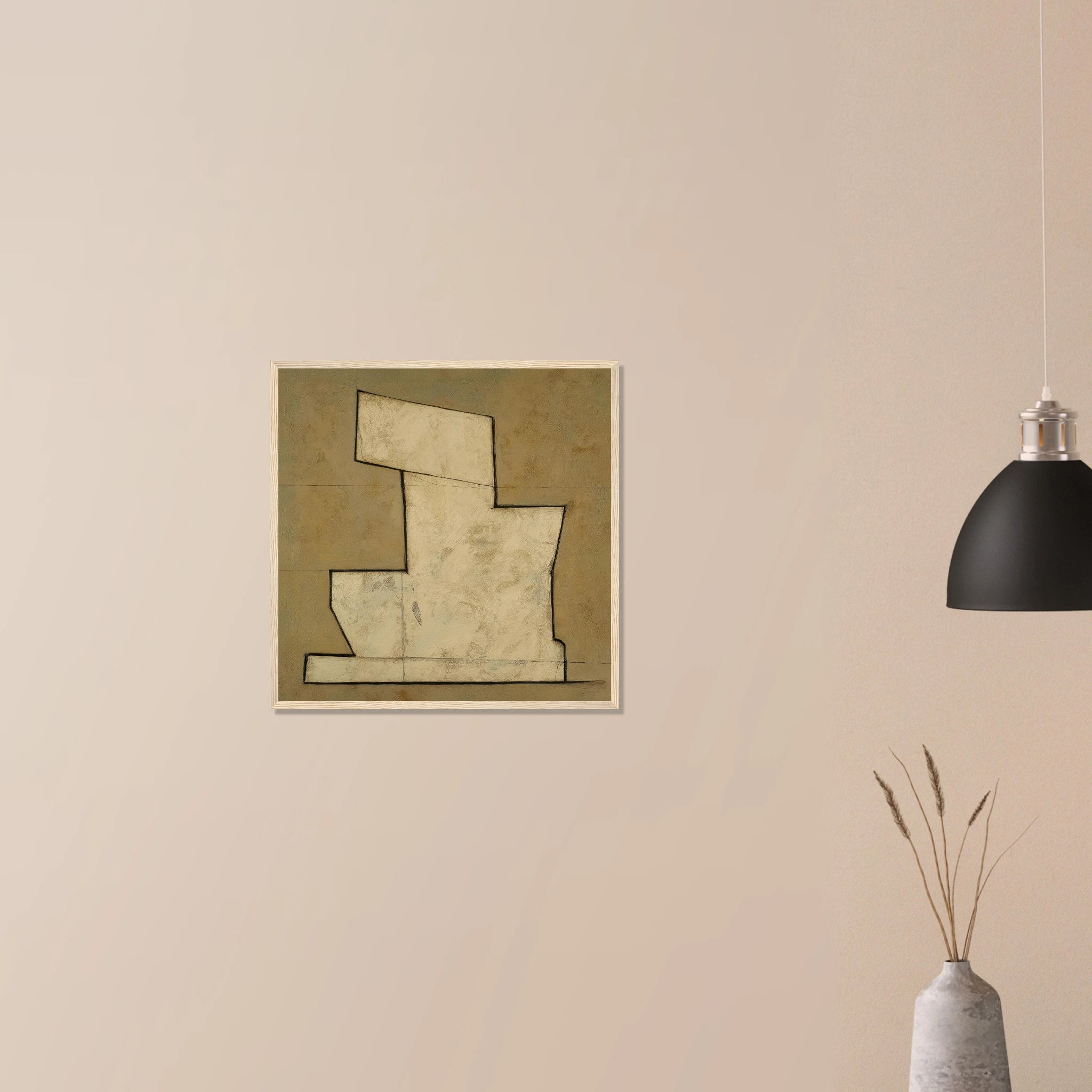 Stepped Form abstract neutral artwork in black frame on neutral wall, warm beige stepped form design