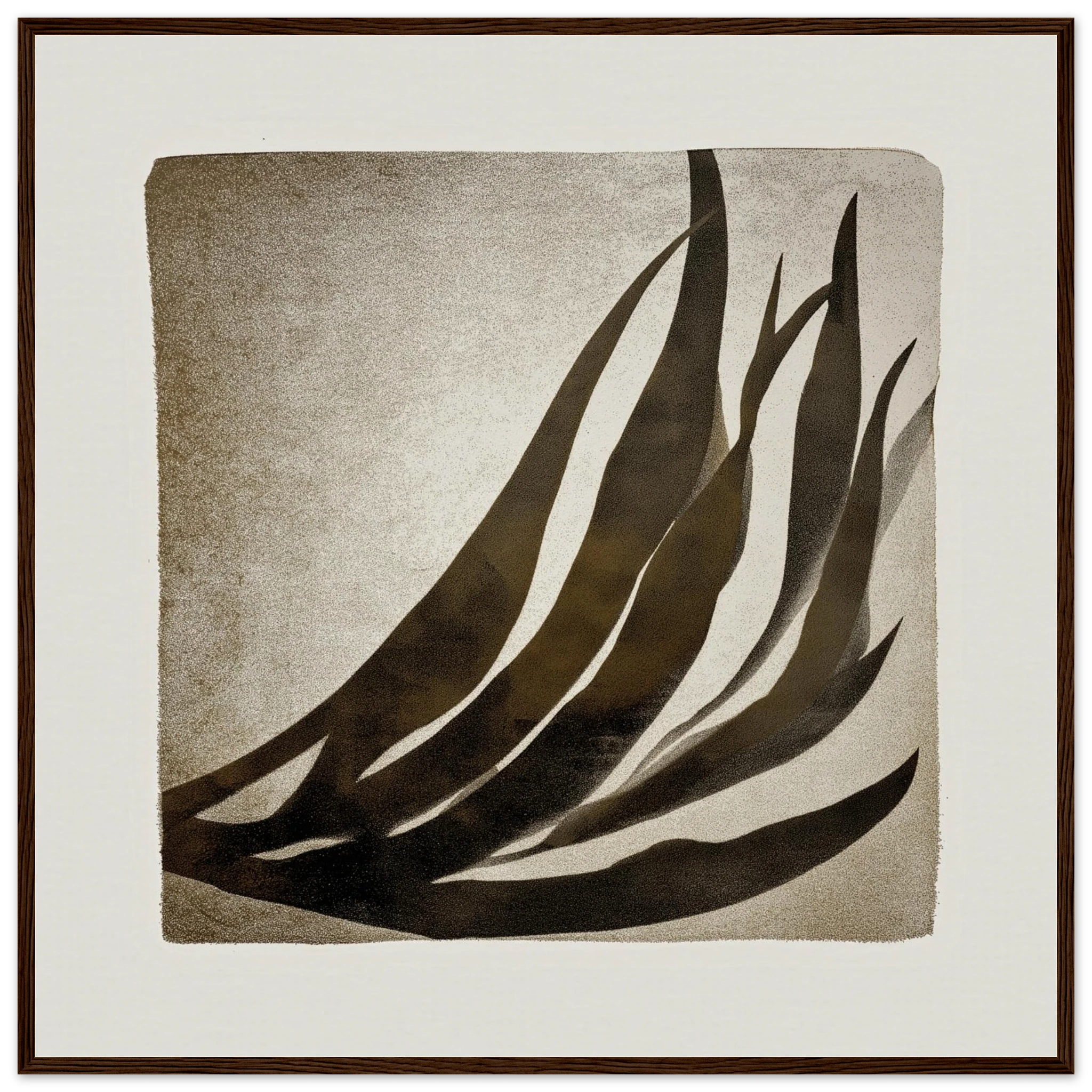 Palm Frond Shadow Study abstract botanical wall art in soft beige and charcoal grey, tropical leaf silhouette with airy negative space
