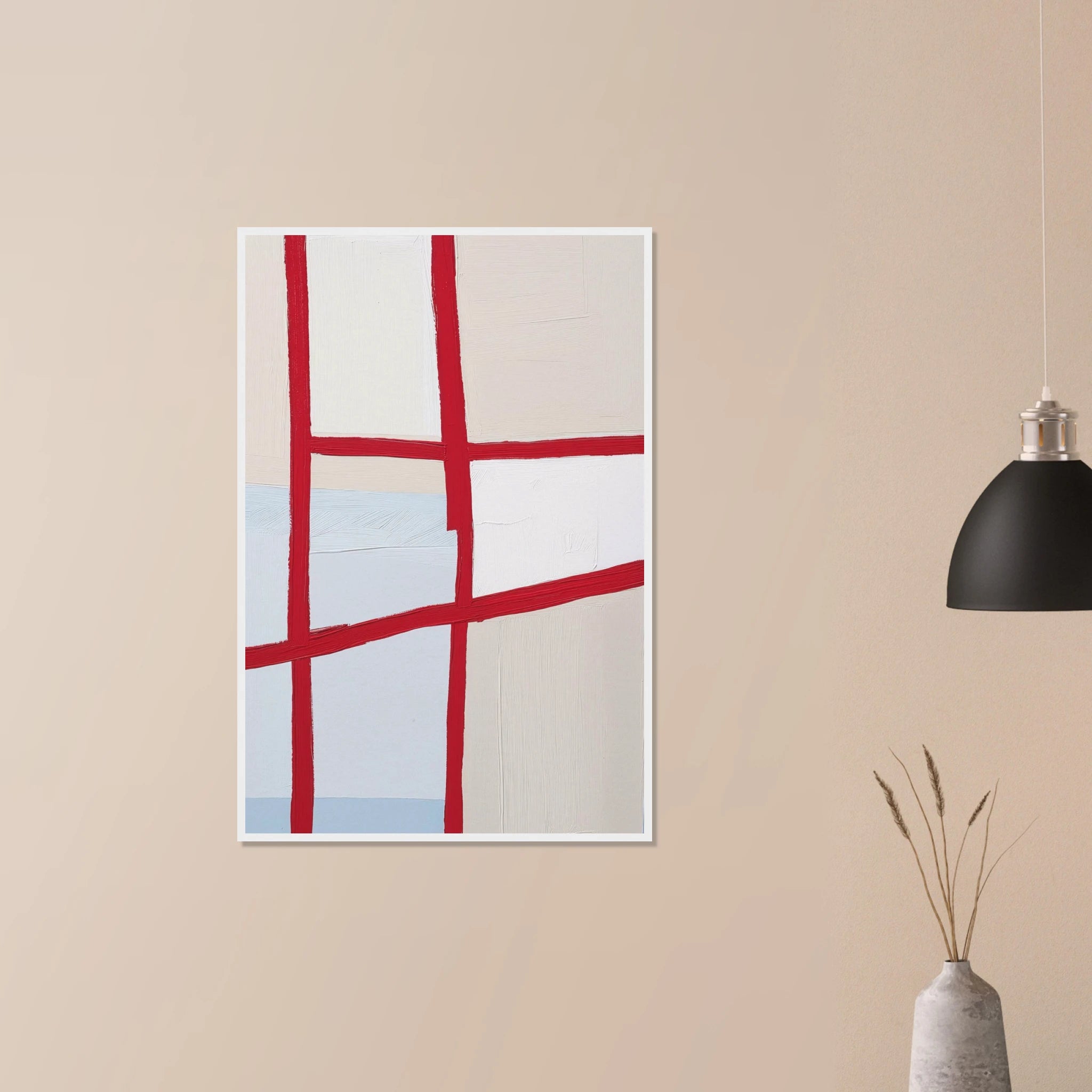 Orchard Plat red grid wall art in white frame on neutral wall in modern home, geometric lines over soft taupe and pale blue background