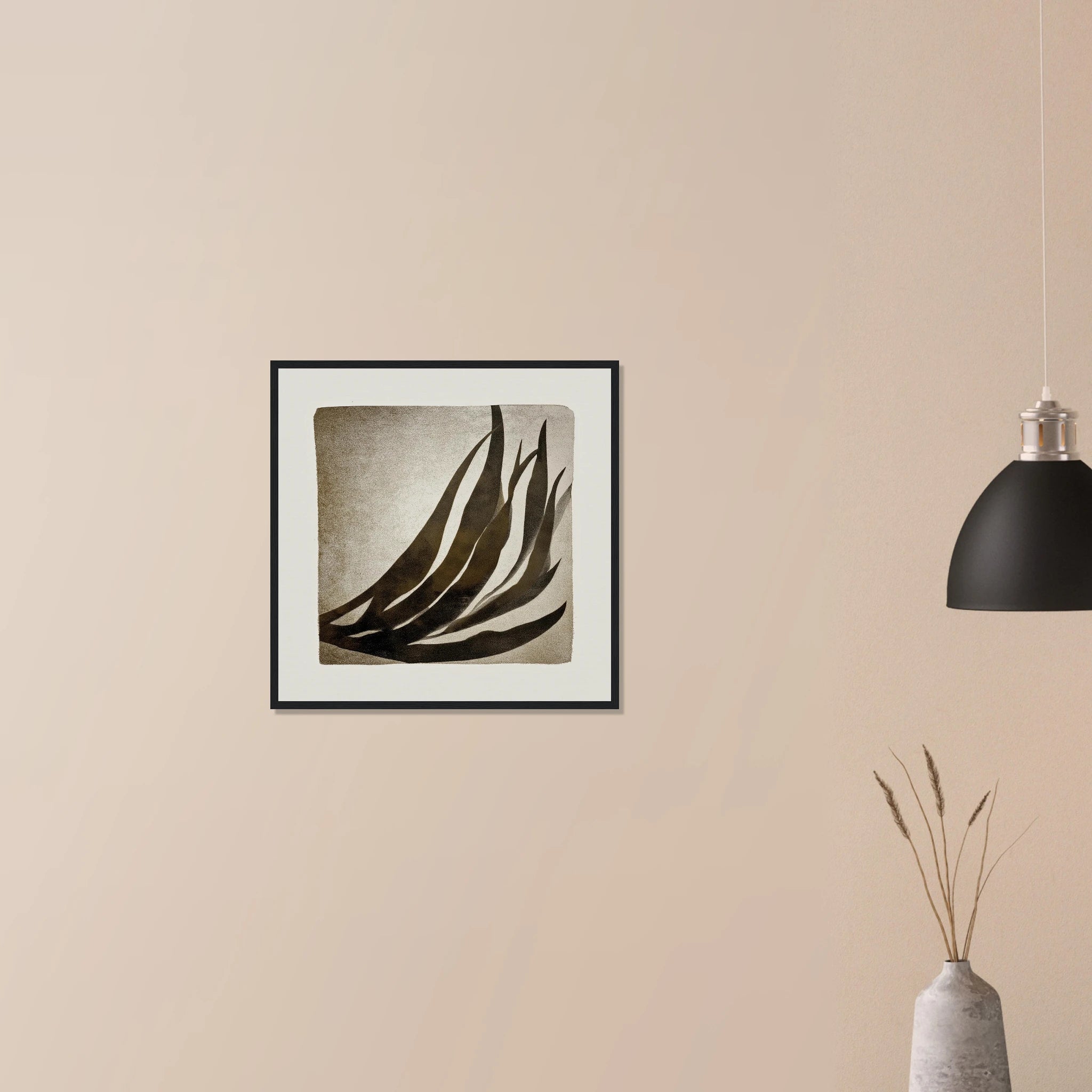 Palm Frond Shadow Study minimalist wall art in dark wood frame on neutral wall, tropical frond shadow composition