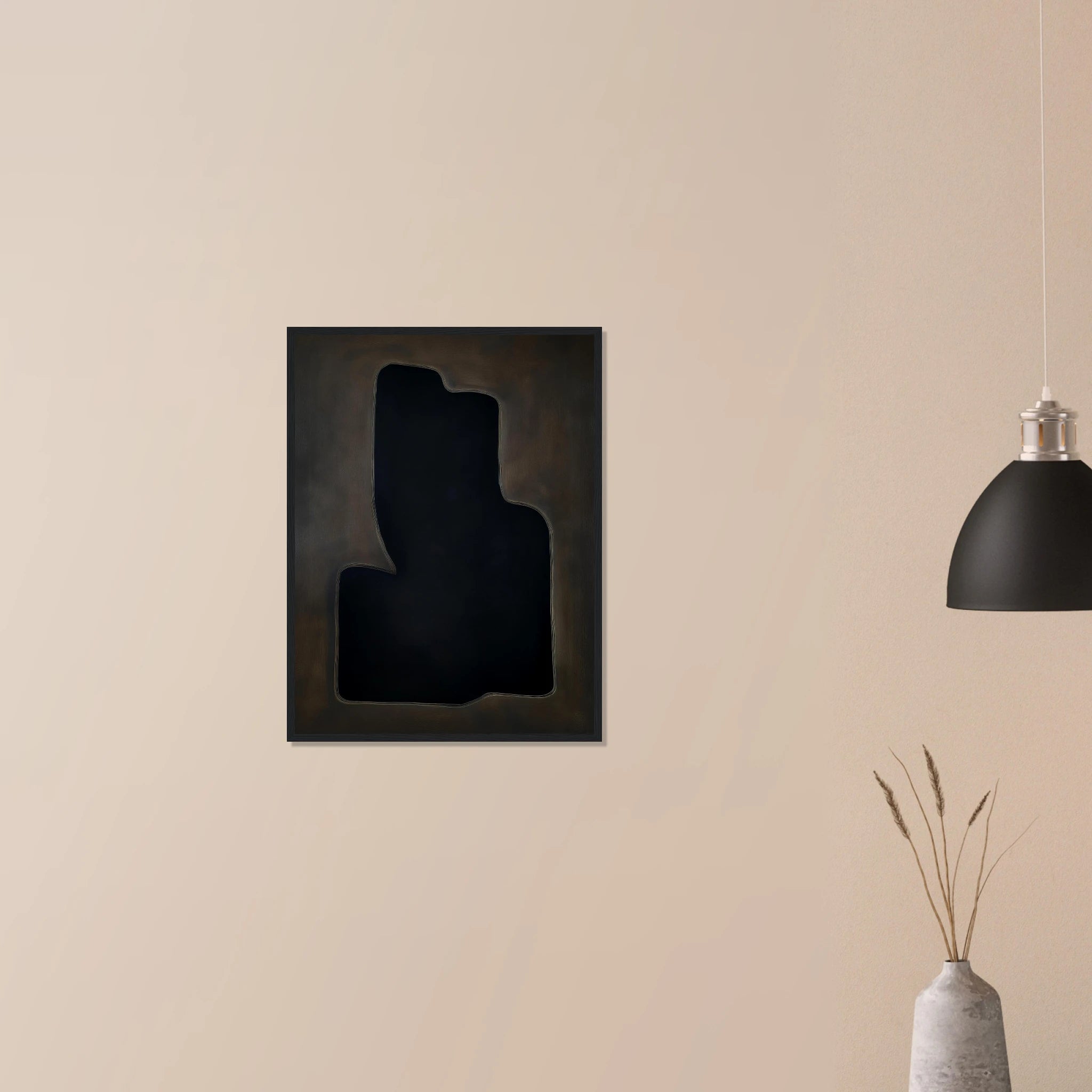 Dark Vessel modern abstract artwork in black frame on neutral wall, dramatic pottery inspired shape in dark tones