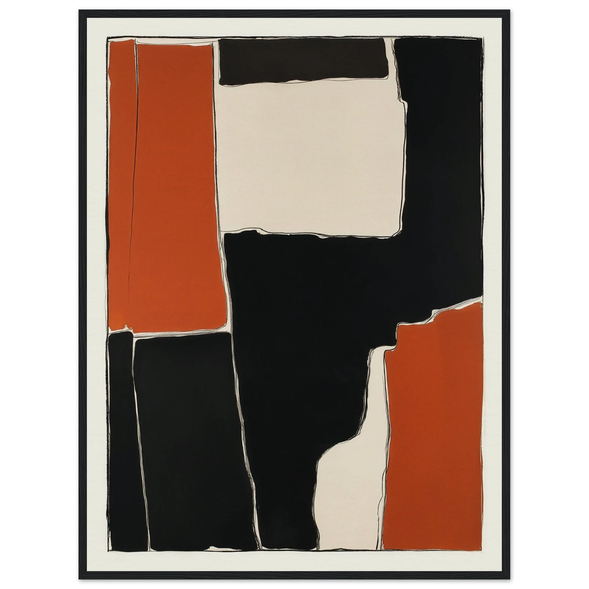 Interlocking Rust I abstract industrial wall art in deep rust orange and charcoal black, geometric plates with oxidized texture