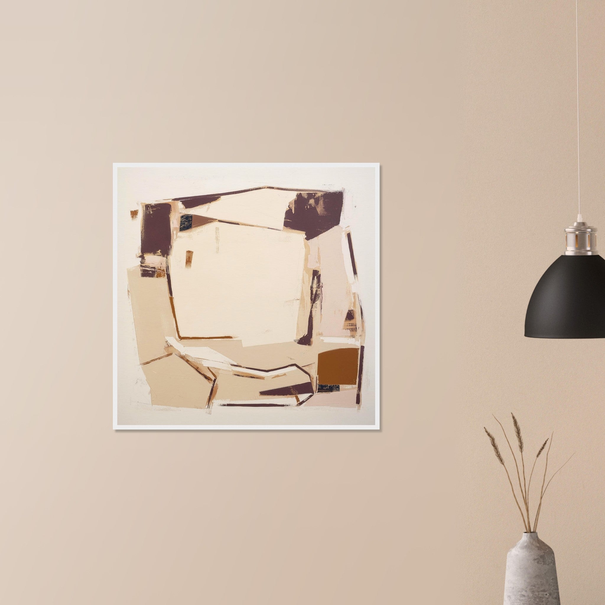 Packing House architectural abstract statement in white frame on neutral wall in modern home, layered building silhouettes and warm tones