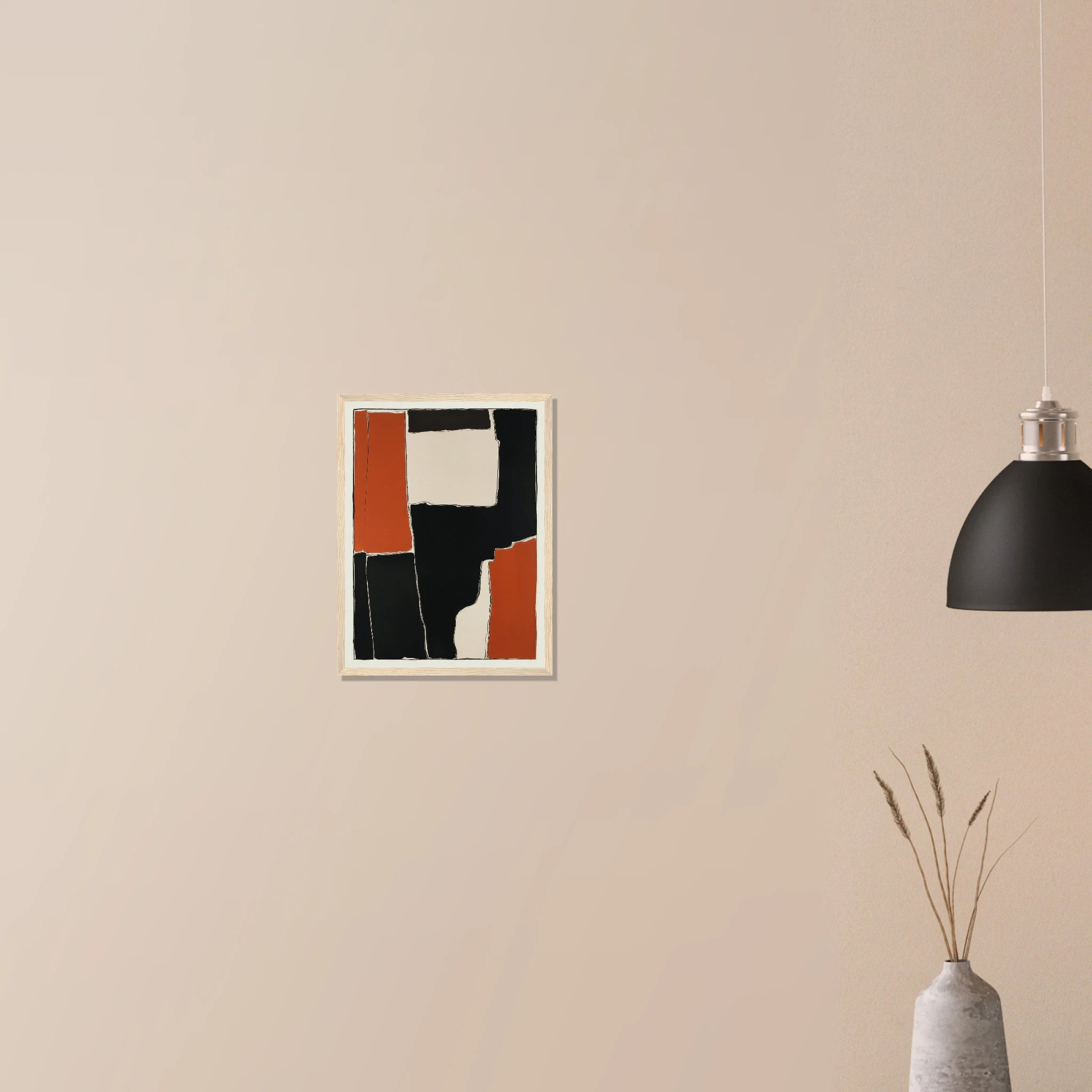Interlocking Rust I minimalist industrial art in dark wood frame on neutral wall, textured rust and deep charcoal blocks